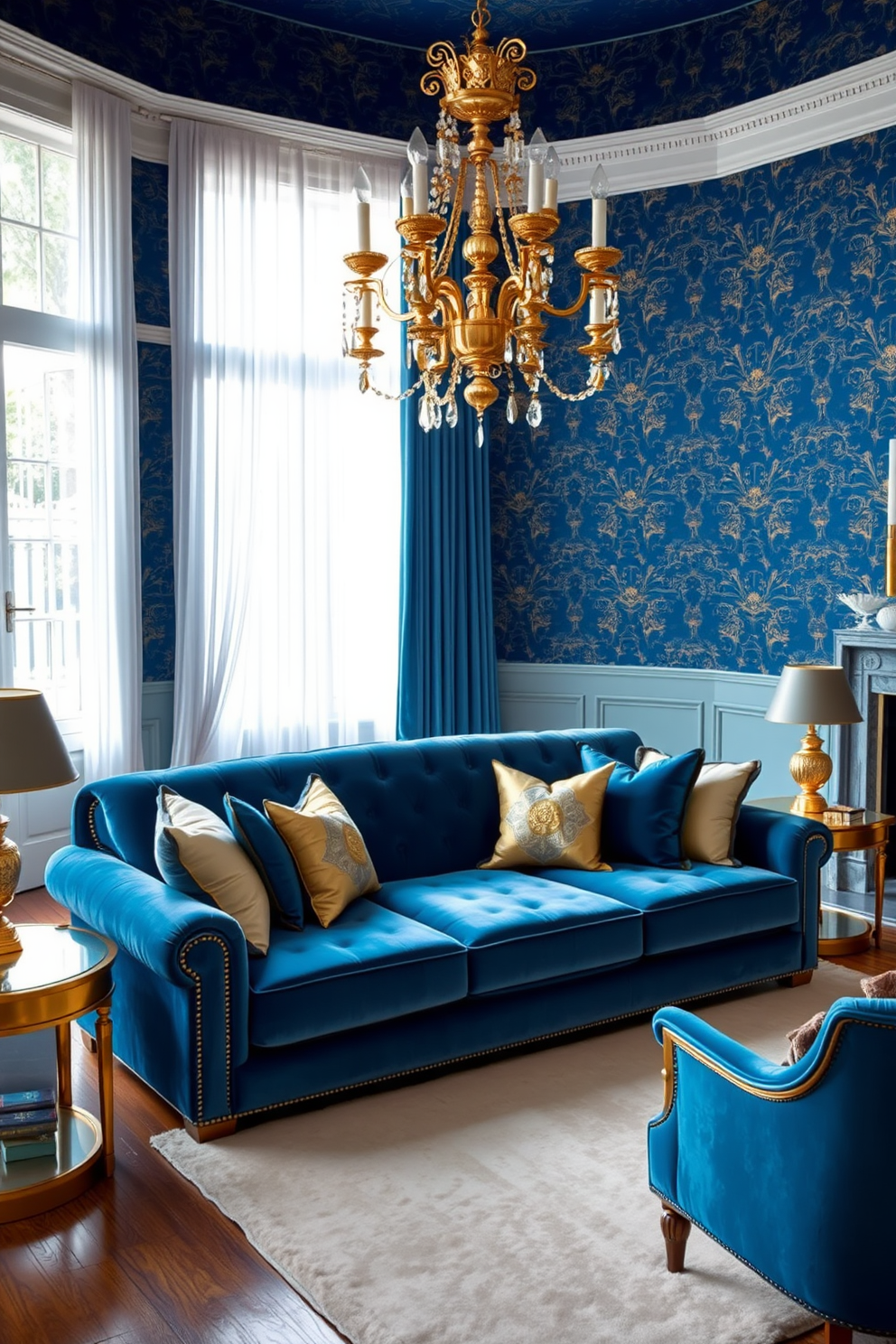 A luxurious blue living room adorned with dark blue wallpaper featuring intricate gold details. The space is complemented by a plush velvet sofa in a lighter shade of blue, paired with gold-accented side tables. Large windows draped with sheer white curtains allow natural light to fill the room. A statement chandelier with gold finishes hangs from the ceiling, adding elegance to the atmosphere. The floor is covered with a soft cream-colored rug that contrasts beautifully with the blue tones. Decorative cushions in various shades of blue and gold are scattered across the sofa, enhancing the room's opulence.