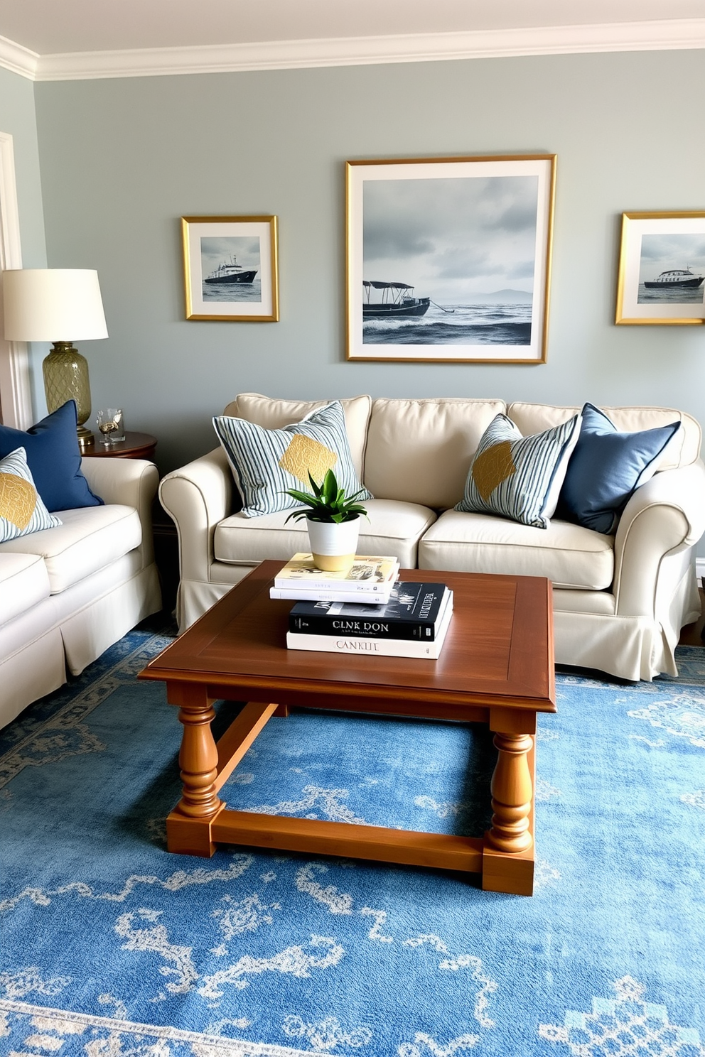 A vintage blue rug anchors the cozy living room, adding warmth and character to the space. The room features plush seating in soft neutrals, complemented by throw pillows in varying shades of blue and gold accents. The walls are adorned with framed artwork that reflects a coastal theme, enhancing the inviting atmosphere. A wooden coffee table sits at the center, topped with a stack of design books and a small potted plant for a touch of greenery.