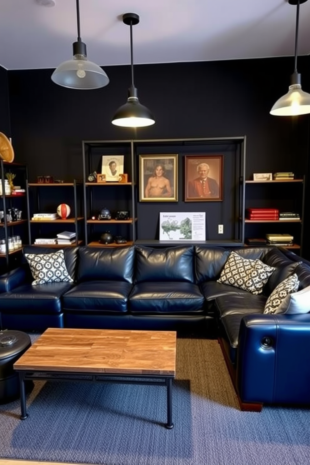 A navy blue leather sectional sofa anchors the room, providing a plush and inviting space for relaxation. Surrounding the sofa are industrial-style accents, including a reclaimed wood coffee table and metal shelving units that showcase collectibles and memorabilia. The walls are adorned with dark paint, creating a cozy atmosphere that complements the bold color of the sofa. Ambient lighting from stylish pendant fixtures enhances the man cave vibe, making it the perfect retreat for entertaining friends or enjoying a movie night.