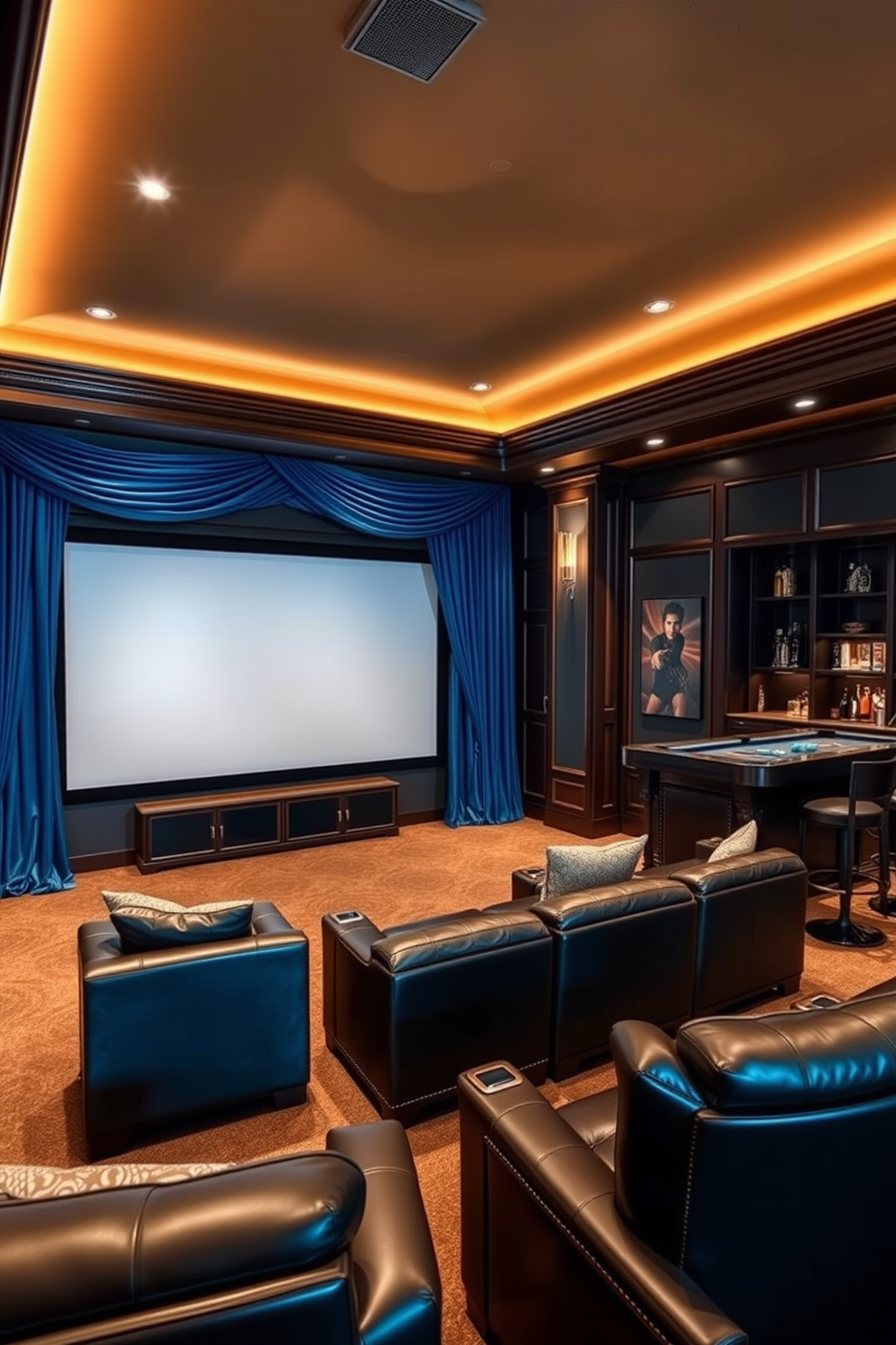 A luxurious home theater featuring rich blue velvet curtains that elegantly frame a large screen. The room includes plush seating arranged for optimal viewing, with ambient lighting that enhances the cinematic experience. A stylish man cave designed with a masculine aesthetic, incorporating dark wood accents and leather furnishings. The space features a bar area with high stools and a pool table, creating a perfect atmosphere for relaxation and entertainment.