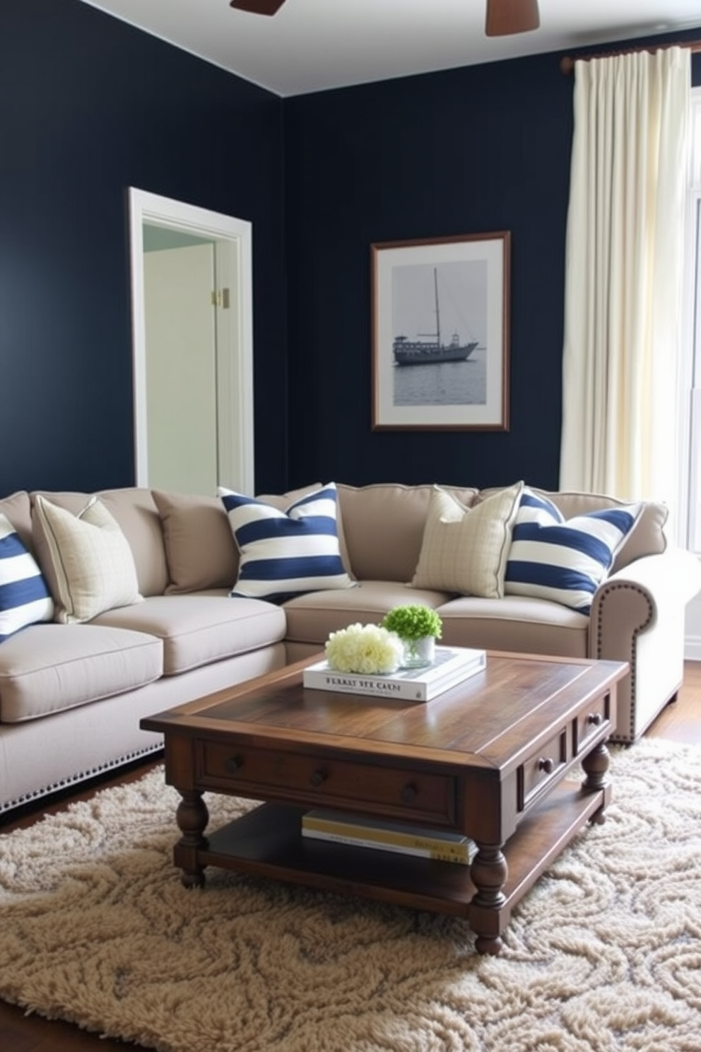 A stylish man cave featuring a comfortable sofa adorned with blue and white striped throw pillows. The walls are painted a deep navy blue, and a vintage wooden coffee table sits in the center, complemented by a plush area rug.