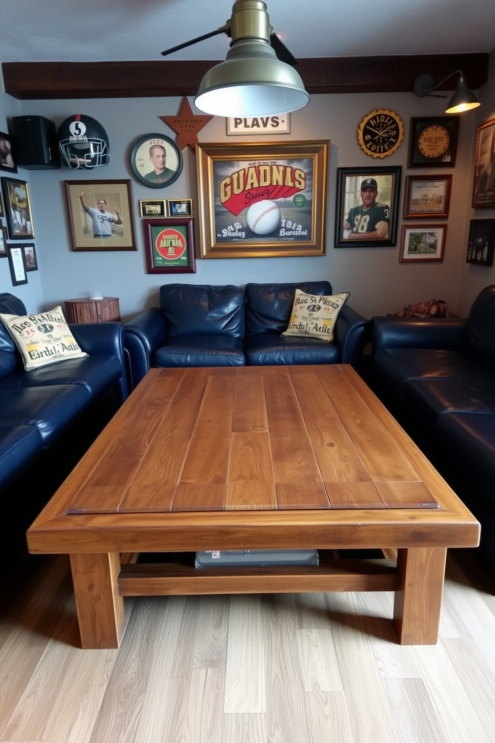 A rustic wooden coffee table serves as the centerpiece of a cozy man cave. Surrounding the table are plush leather sofas in deep shades of blue, creating a warm and inviting atmosphere. The walls are adorned with vintage sports memorabilia and framed art, enhancing the masculine vibe of the space. Soft lighting from industrial-style fixtures casts a warm glow, perfect for relaxation and entertainment.