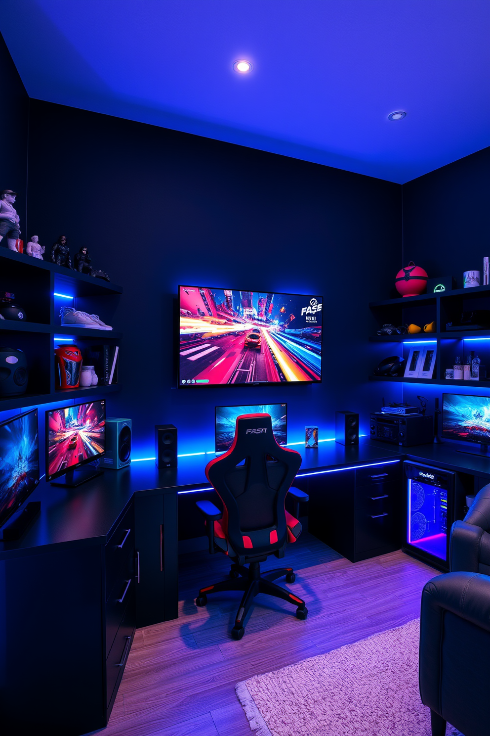 A modern gaming station featuring sleek furniture and blue neon lights illuminating the space. The walls are painted in a deep navy, and a large wall-mounted screen displays vibrant game graphics. The room includes a comfortable gaming chair and a stylish desk with RGB lighting. Shelves are lined with collectibles and gaming gear, creating an immersive man cave atmosphere.