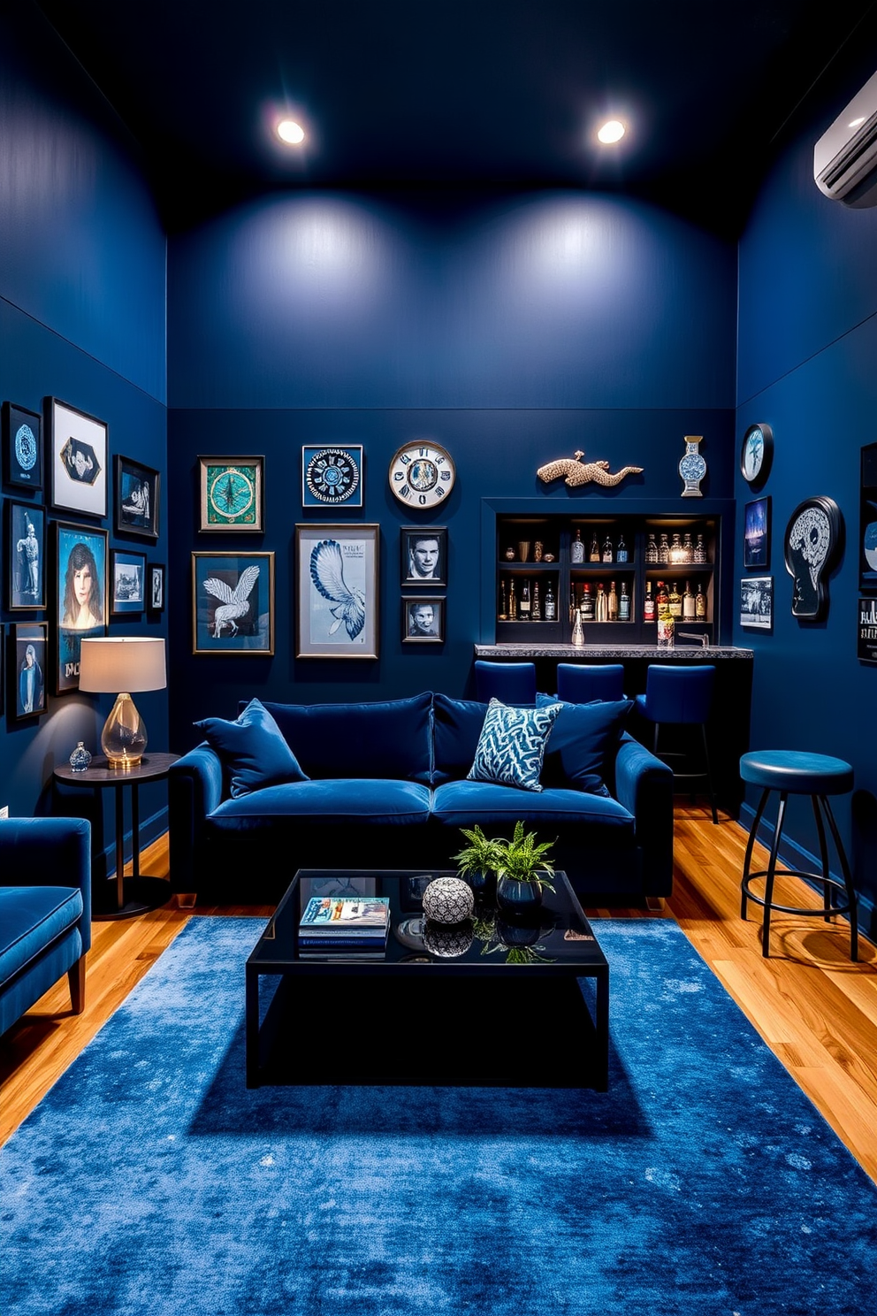 A stylish man cave featuring deep blue walls adorned with various blue art pieces and wall hangings. The space includes a plush navy sofa, a sleek black coffee table, and ambient lighting that creates a cozy atmosphere. In one corner, a small bar area is set up with blue bar stools and a selection of premium spirits displayed on shelves. The room is completed with a large area rug that incorporates shades of blue, providing warmth and comfort to the overall design.