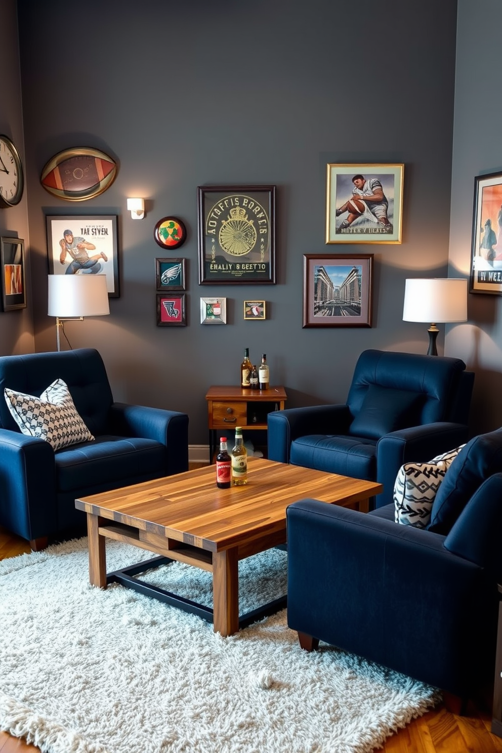 Comfortable recliners in navy fabric are arranged around a sleek coffee table made of reclaimed wood. The walls are painted in a deep gray hue, accented with vintage sports memorabilia and framed artwork that reflects a masculine aesthetic. Soft lighting from stylish floor lamps creates a warm ambiance, while a plush area rug adds texture to the hardwood floor. A mini bar with a selection of craft beers and whiskey sits in one corner, enhancing the inviting atmosphere of this man cave.