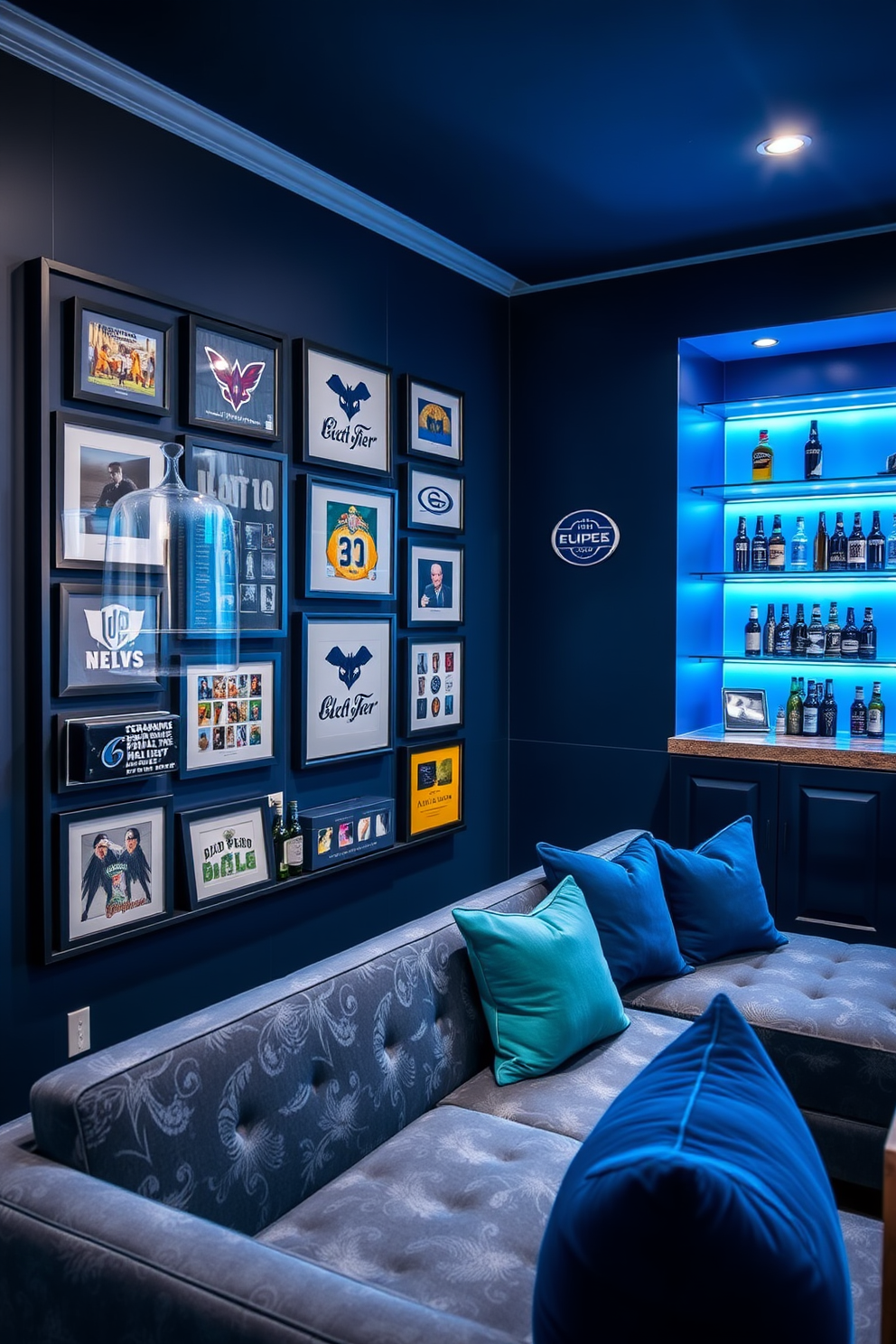 A stylish blue-themed memorabilia display area features a sleek wall-mounted shelving unit showcasing an array of collectibles and framed memorabilia. The walls are painted in a deep navy hue, complemented by soft ambient lighting that highlights each piece. The blue man cave design includes a plush sectional sofa adorned with navy and teal cushions. A custom bar area with blue-tinted glass shelves and a selection of craft beers adds a touch of sophistication to the space.