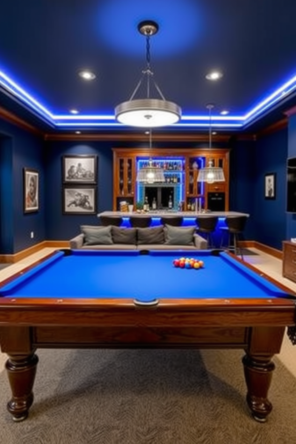 Custom blue pool table design. The pool table features a sleek blue felt surface with polished oak wood rails and chrome accents. Blue Man Cave Design Ideas. The man cave includes deep blue walls, a plush sectional sofa, and a custom-built bar with blue LED lighting.