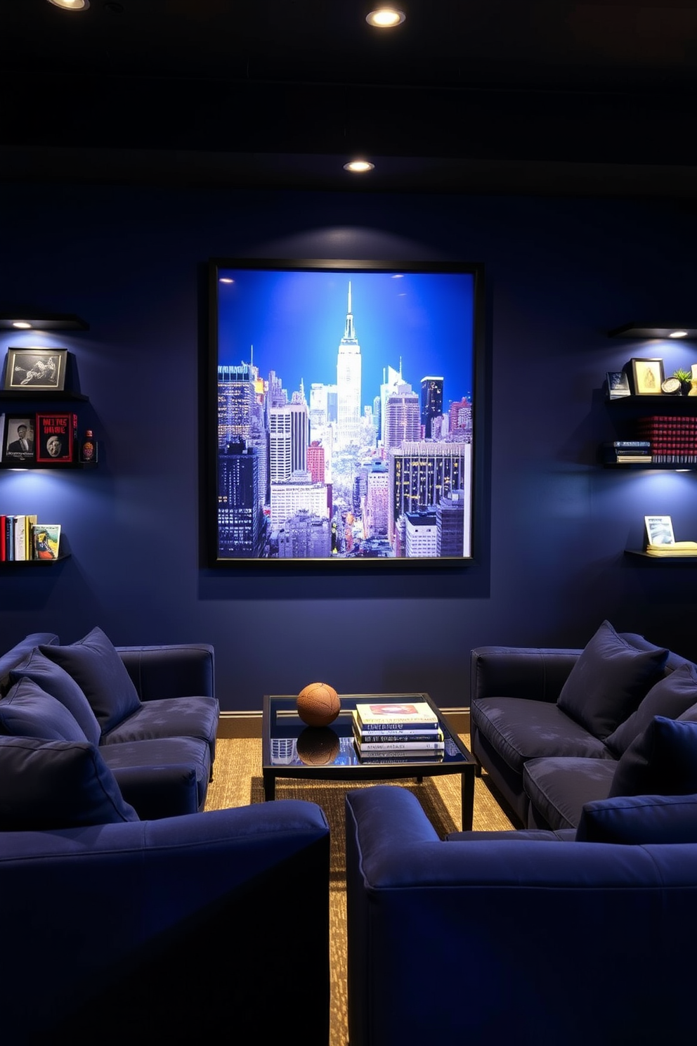 A striking blue wall art piece showcases a vibrant cityscape, capturing the energy and movement of urban life. The artwork is framed in a sleek black frame, adding a modern touch to the overall aesthetic. The man cave design features plush navy blue seating arranged around a stylish coffee table. Ambient lighting creates a cozy atmosphere, while shelves display an impressive collection of memorabilia and books.