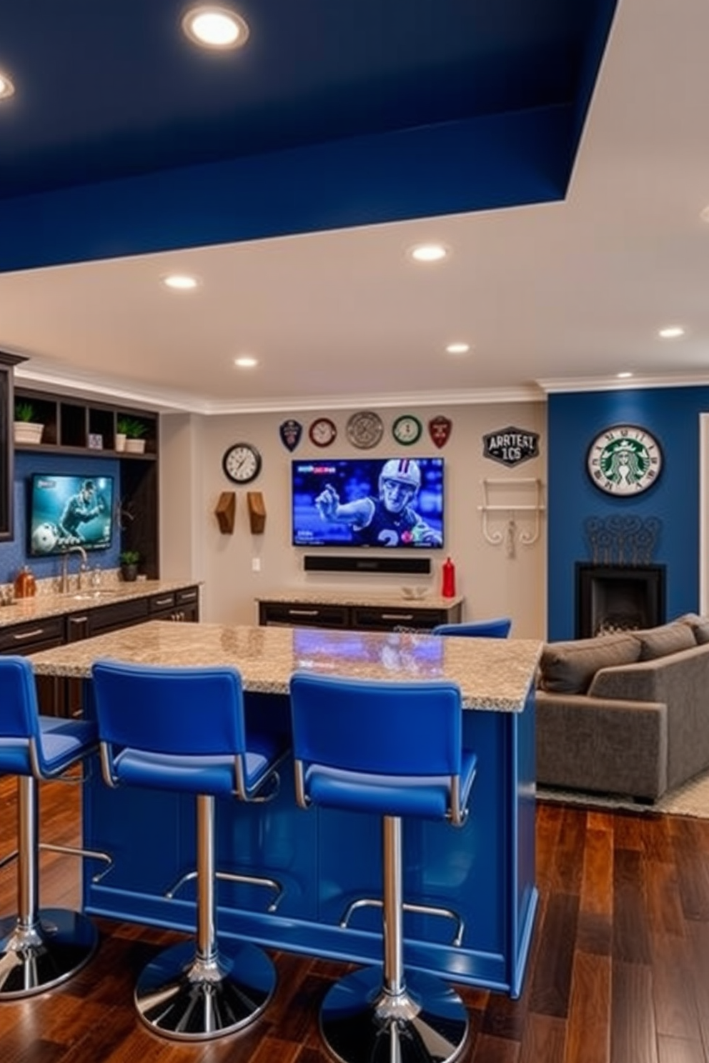 Stylish blue bar stools for seating in a modern kitchen. The stools feature a sleek design with a comfortable padded seat and a chrome footrest, perfectly complementing the kitchen island. Blue Man Cave Design Ideas that create a cozy and inviting atmosphere. The space includes a plush sectional sofa, a large flat-screen TV, and walls adorned with sports memorabilia, all enhanced by ambient lighting.