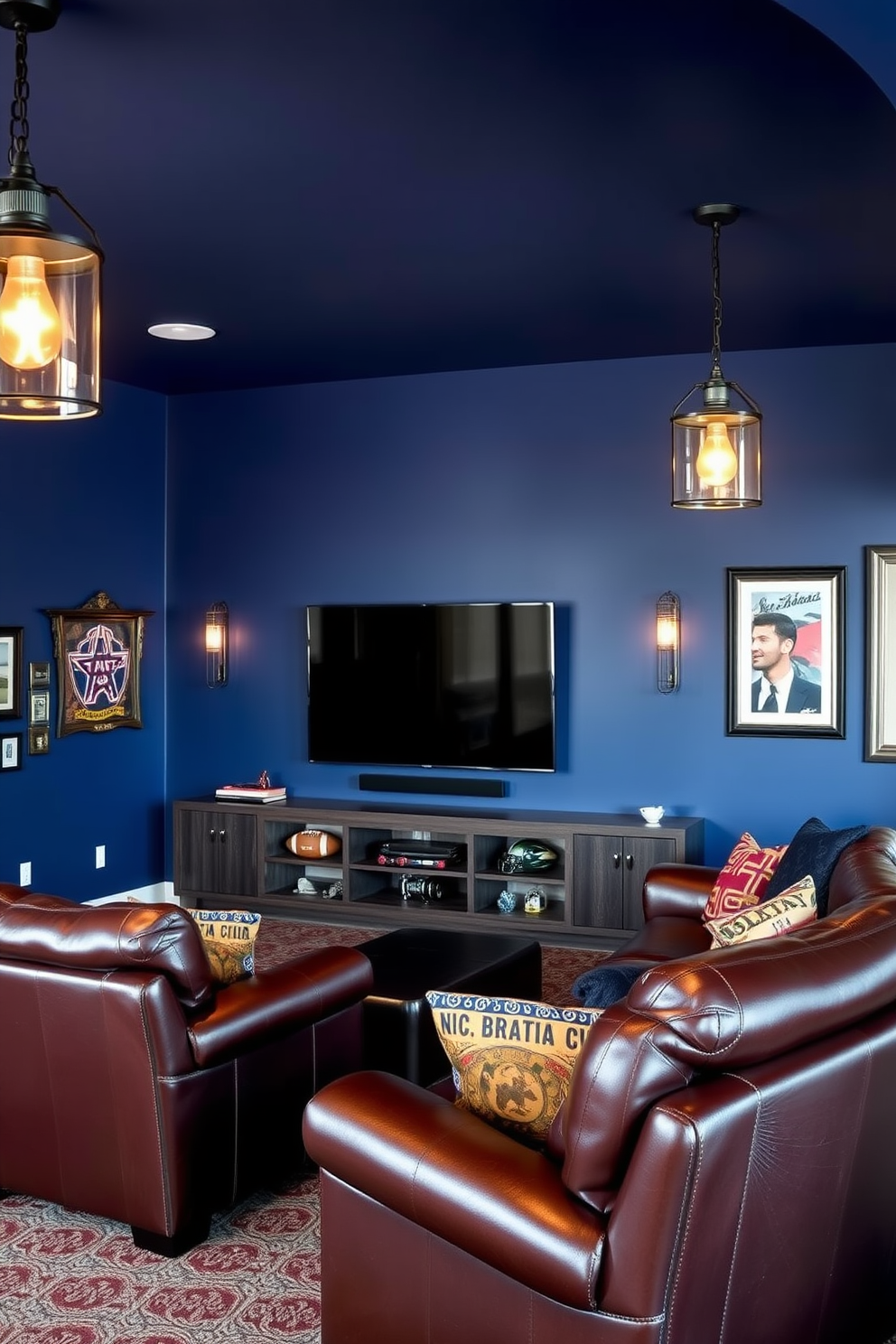 A striking accent wall painted in deep blue creates a bold focal point in the room. The space features plush seating in rich leather, complemented by industrial-style lighting fixtures that enhance the man cave atmosphere. A large flat-screen TV is mounted on the wall opposite the seating area, perfect for movie nights. To add personality, sports memorabilia and framed artwork are displayed on adjacent walls, creating a vibrant and inviting environment.