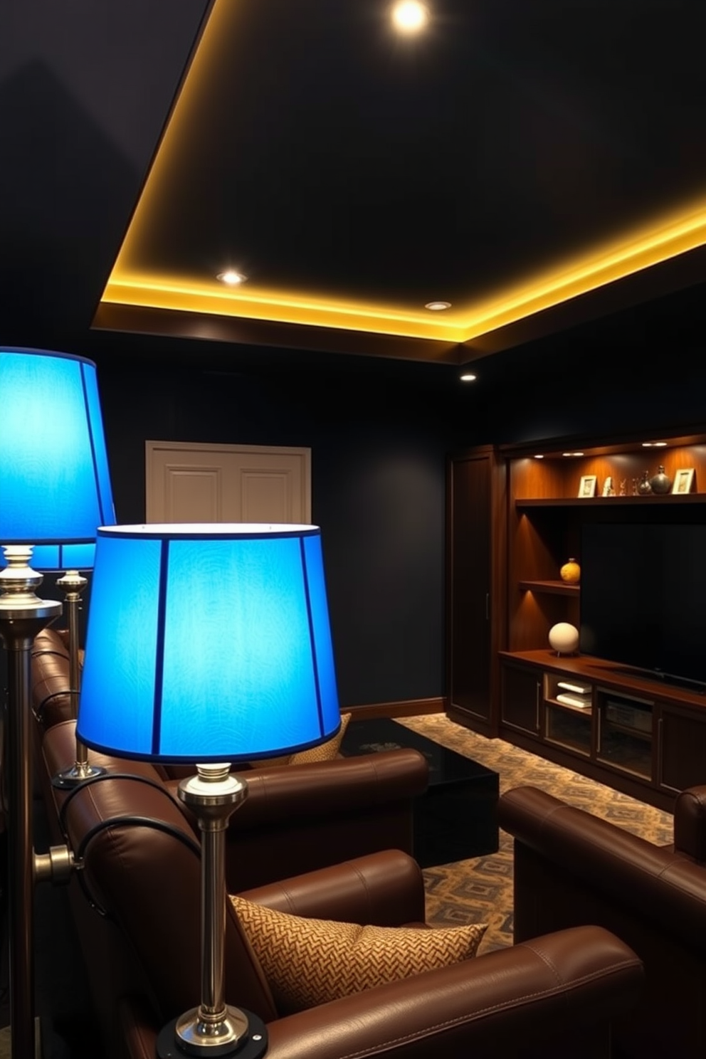 A stylish man cave featuring mood lighting with blue lampshades. The room is adorned with plush leather seating and a sleek entertainment center, creating a cozy yet modern atmosphere.