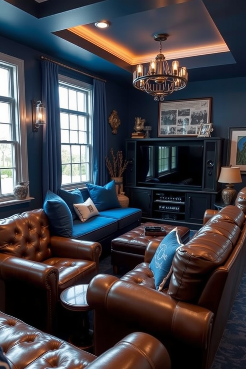 A cozy window seat is adorned with plush blue cushions, inviting relaxation and comfort. The surrounding area features soft lighting and decorative elements that enhance the tranquil ambiance. The man cave design embraces a bold aesthetic with a deep blue color palette and rugged textures. Leather furniture, a large entertainment system, and personalized decor create a welcoming space for entertainment and leisure.