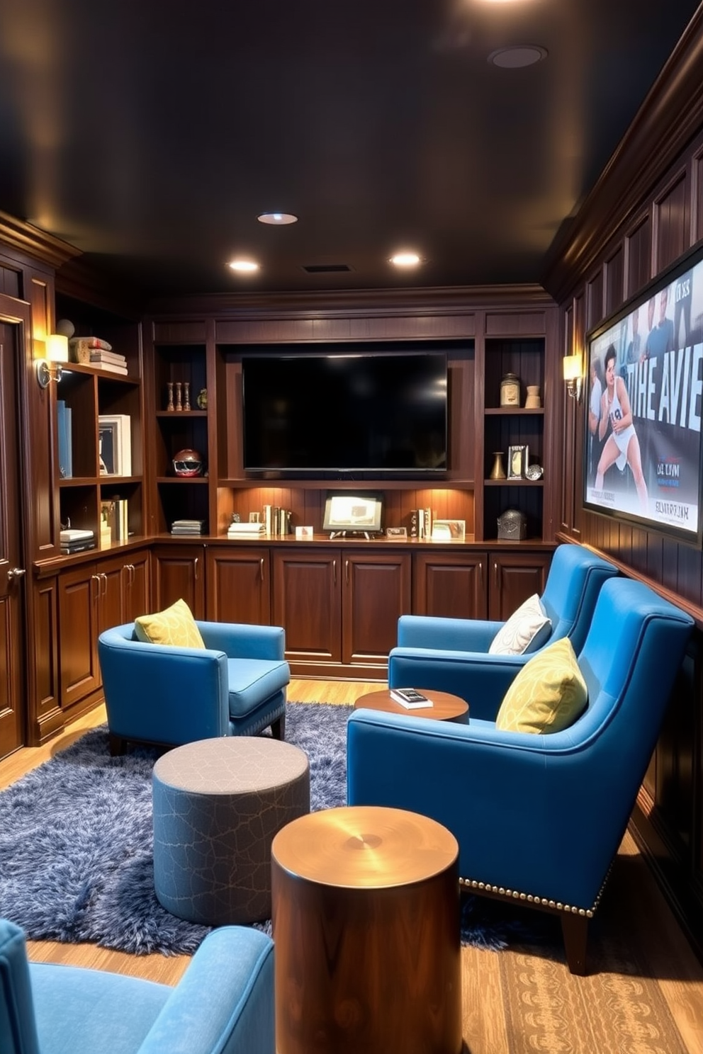 A cozy man cave featuring blue accent chairs that provide extra seating. The space is adorned with dark wood paneling and soft lighting, creating a warm and inviting atmosphere. In one corner, a plush area rug complements the blue chairs, enhancing the comfort of the room. A large flat-screen TV is mounted on the wall, surrounded by shelves filled with books and memorabilia.