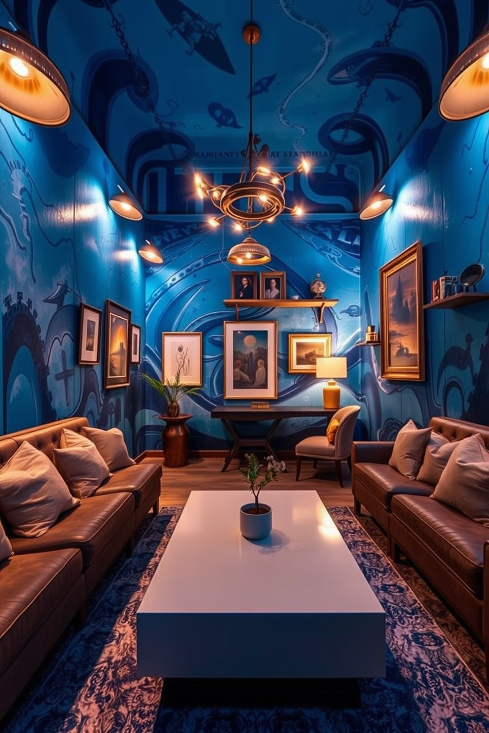 Artistic blue murals adorn the walls, creating a vibrant and immersive atmosphere. The space features comfortable seating with plush cushions and a sleek coffee table, perfect for relaxation and entertainment. Incorporate unique lighting fixtures that enhance the artistic theme, casting a warm glow throughout the room. Accessories like framed artwork and decorative shelves add personality and style to the design.