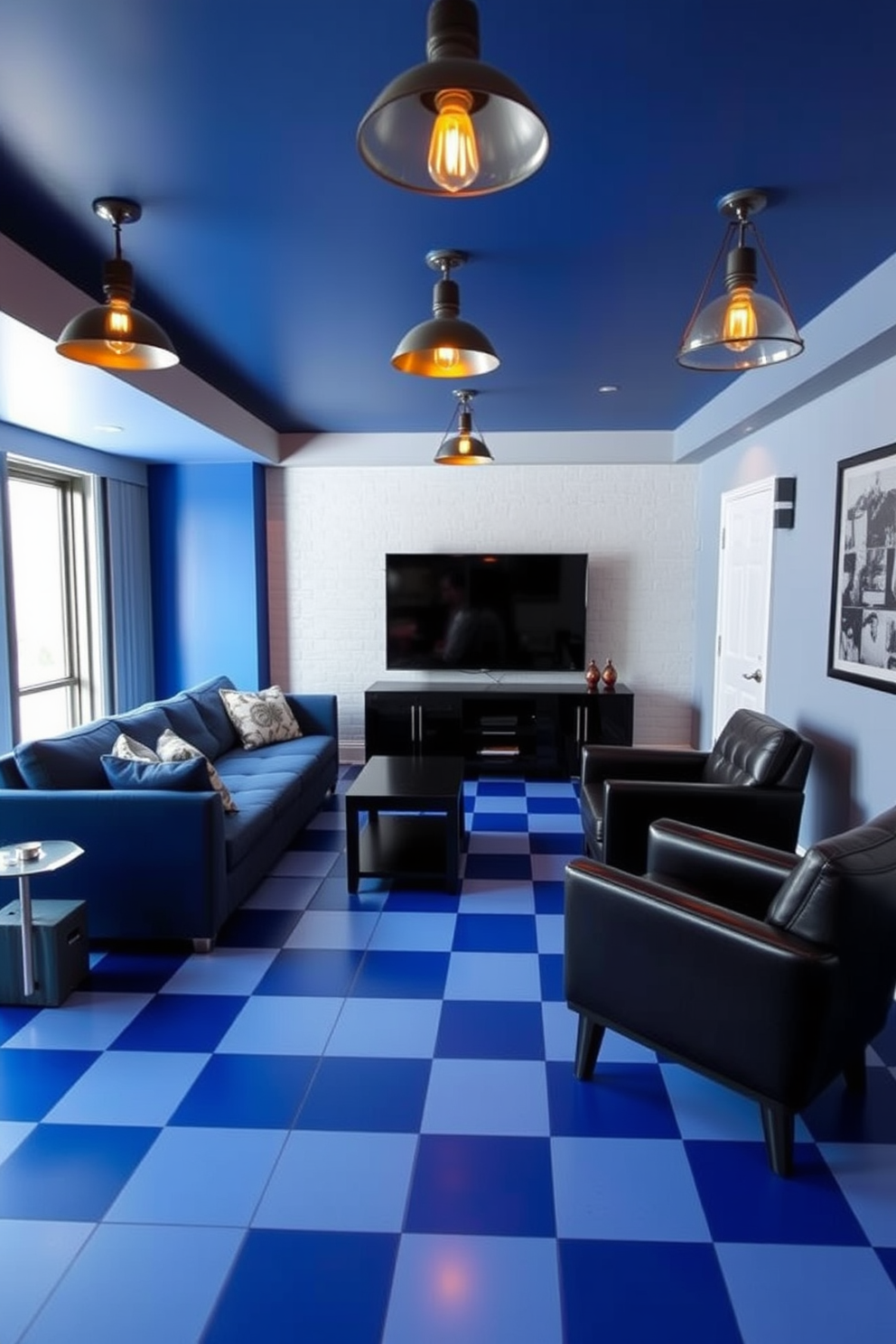 A stylish man cave featuring blue and black checkerboard flooring that adds a bold visual contrast. The space includes a plush navy sectional sofa paired with black leather armchairs, creating a cozy yet modern atmosphere. On one wall, a large flat-screen TV is mounted above a sleek black media console, perfect for entertainment. Ambient lighting is provided by industrial-style pendant lights that hang from the ceiling, enhancing the room's masculine vibe.