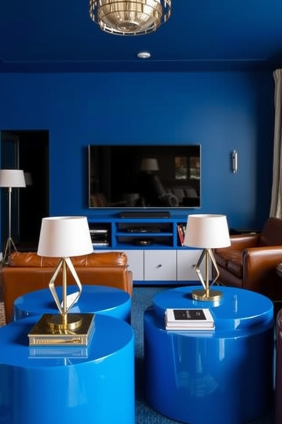 Stylish blue side tables for decor. The tables feature a sleek design with a glossy finish and are paired with modern lamps that have geometric shapes. Blue Man Cave Design Ideas. The space is adorned with deep blue walls, complemented by leather seating and an entertainment center showcasing a large flat-screen TV.