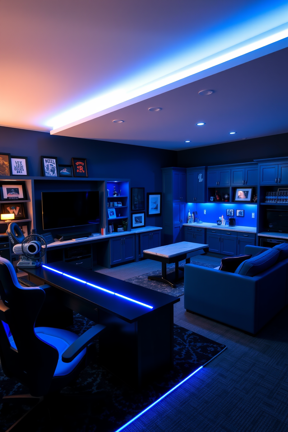 A blue-themed gaming console setup featuring a sleek black gaming desk with LED strip lighting along the edges. The walls are painted in a deep navy blue, and a large flat-screen TV is mounted above a stylish media console. The room includes a comfortable gaming chair with blue accents and a plush area rug that complements the color scheme. Shelves filled with gaming collectibles and ambient lighting create an inviting atmosphere for gaming enthusiasts. Blue man cave design ideas showcasing a spacious lounge area with a sectional sofa in a rich cobalt hue. A custom-built bar area with blue cabinetry and a marble countertop serves as the centerpiece for entertaining guests. The walls are adorned with framed sports memorabilia and artwork, while a billiards table adds an element of fun. Dimmed lighting and strategically placed blue LED lights enhance the relaxed vibe of the space.