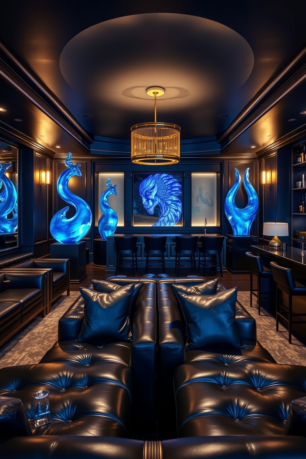 A striking man cave featuring unique blue sculptures as focal points. The space is designed with deep navy walls and plush leather seating that invites relaxation and entertainment. Dramatic lighting highlights the sculptures while adding warmth to the ambiance. A sleek bar area complements the overall design, offering a perfect spot for social gatherings.