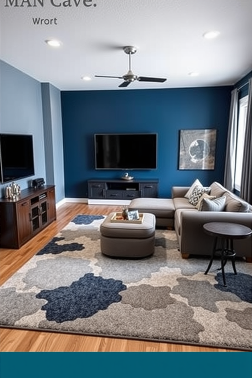 A cozy area rug design featuring a blend of blue and gray tones. The rug has an abstract pattern that complements the surrounding furniture and adds warmth to the space. A stylish man cave designed with deep blue walls and gray accents. The room includes a plush sectional sofa, a large flat-screen TV, and a mini bar for entertaining guests.