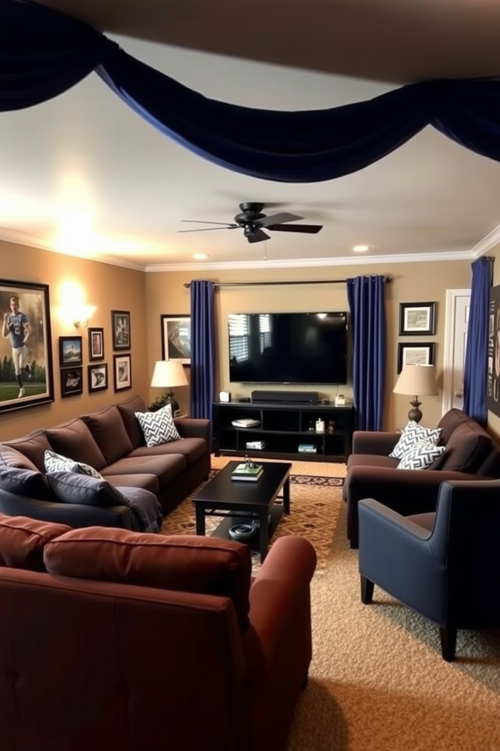 A cozy man cave featuring deep blue curtains that add a touch of elegance to the space. The room is filled with comfortable seating arrangements, including a plush sectional sofa and a couple of stylish armchairs, all designed for relaxation and entertainment. The walls are adorned with framed sports memorabilia and artwork that reflect personal interests. A large flat-screen TV is mounted on the wall opposite the seating, creating an inviting area for movie nights and gatherings with friends.