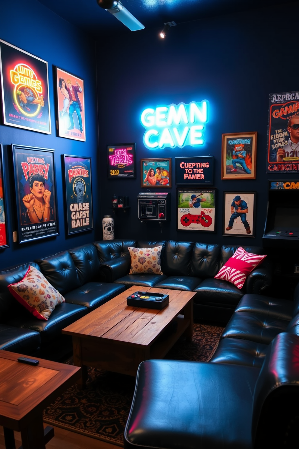 A cozy man cave featuring vintage arcade games as decor. The walls are painted in a deep navy blue, and retro posters of classic games adorn the space. A plush sectional sofa in dark leather provides ample seating, complemented by a vintage coffee table made from reclaimed wood. Neon signs illuminate the room, creating a vibrant atmosphere perfect for gaming nights.