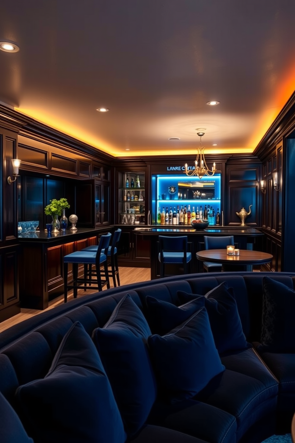 A dark wood bar is the centerpiece of a stylish man cave, featuring rich textures and a sleek design. The bar is adorned with blue accents, including bar stools and decorative elements that create a cohesive color scheme. The walls are lined with dark panels, enhancing the sophisticated atmosphere, while ambient lighting casts a warm glow. A plush seating area with deep blue cushions invites relaxation, making it the perfect space for entertaining guests.