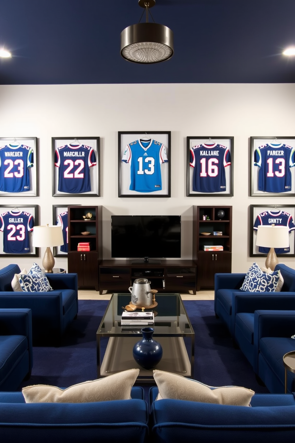 A stylish man cave featuring framed sports jerseys displayed on the walls. The room is designed with deep blue accents, complemented by comfortable seating and a sleek entertainment center.