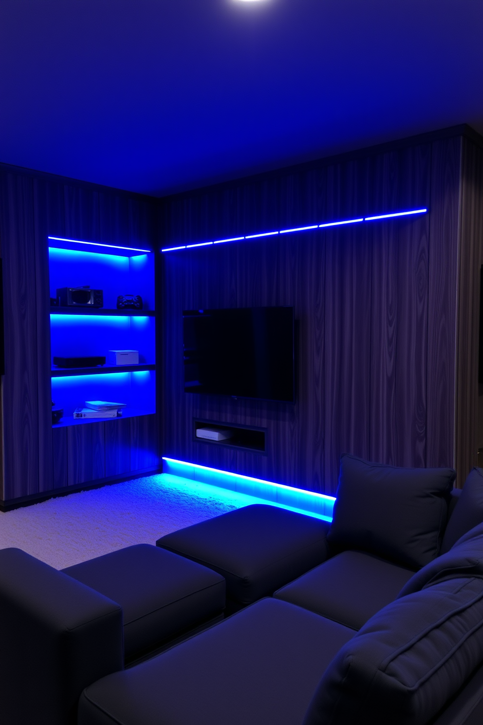 A modern man cave with blue LED strip lighting illuminating the shelves creates a vibrant and inviting atmosphere. The walls are adorned with dark wood paneling, and a plush sectional sofa in deep navy invites relaxation and entertainment.