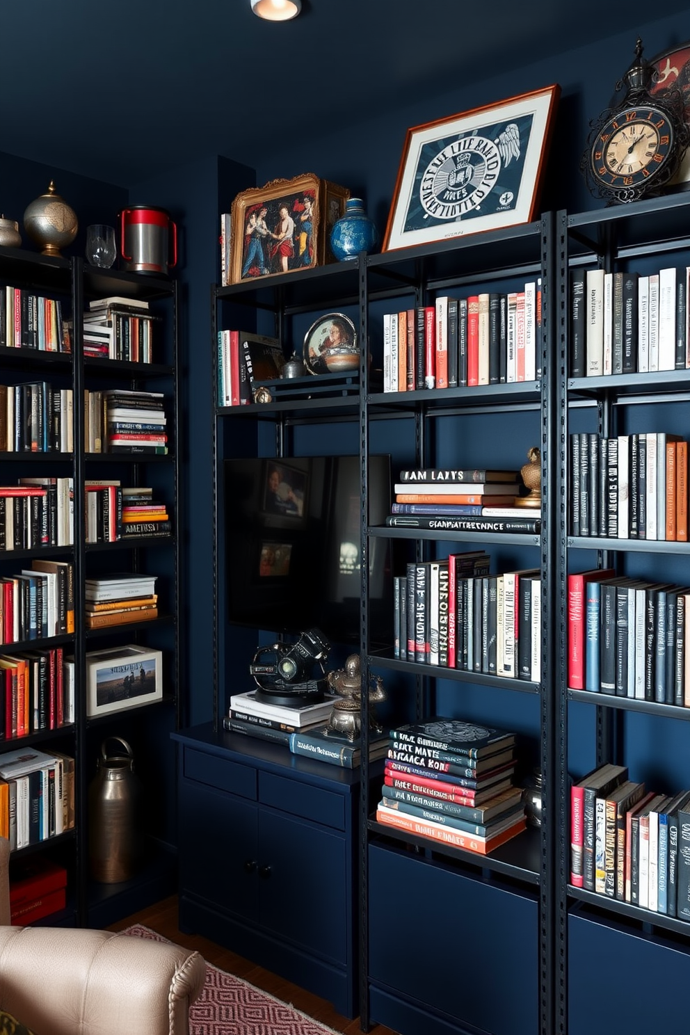 A stylish man cave featuring industrial metal shelving units that showcase an array of books and collectibles. The walls are painted in a deep navy blue, complemented by soft ambient lighting that highlights the unique decor.