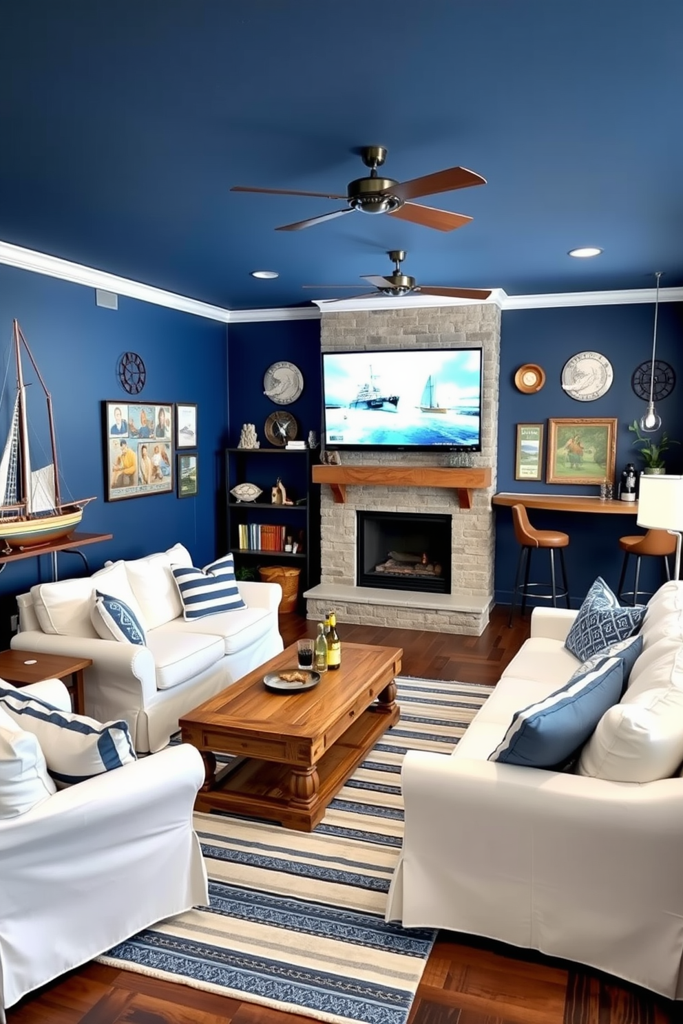 A nautical theme living room with blue decor. The walls are painted a soft navy, and the furniture features white slipcovers with blue and white striped cushions. In one corner, a large model ship is displayed on a wooden shelf. A cozy area rug with a nautical pattern anchors the seating area, complemented by a coffee table made of reclaimed wood. A blue man cave designed for relaxation and entertainment. The walls are adorned with sports memorabilia, and a plush sectional sofa invites comfortable seating. A large flat-screen TV is mounted above a rustic fireplace, creating a focal point for gatherings. The space is illuminated with stylish pendant lighting, and a mini bar with high stools adds to the entertainment vibe.