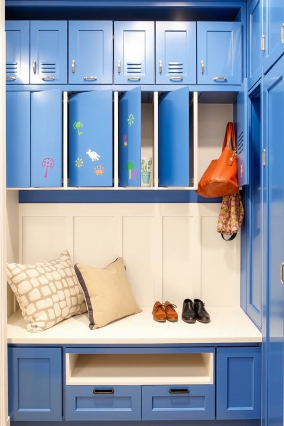 Bright blue storage lockers for kids. These lockers are arranged in a playful pattern along the wall, featuring fun decals and personalized name tags for each child. Blue mudroom design ideas. The space includes a built-in bench with plush cushions, surrounded by blue cabinetry that provides ample storage for shoes and outdoor gear.