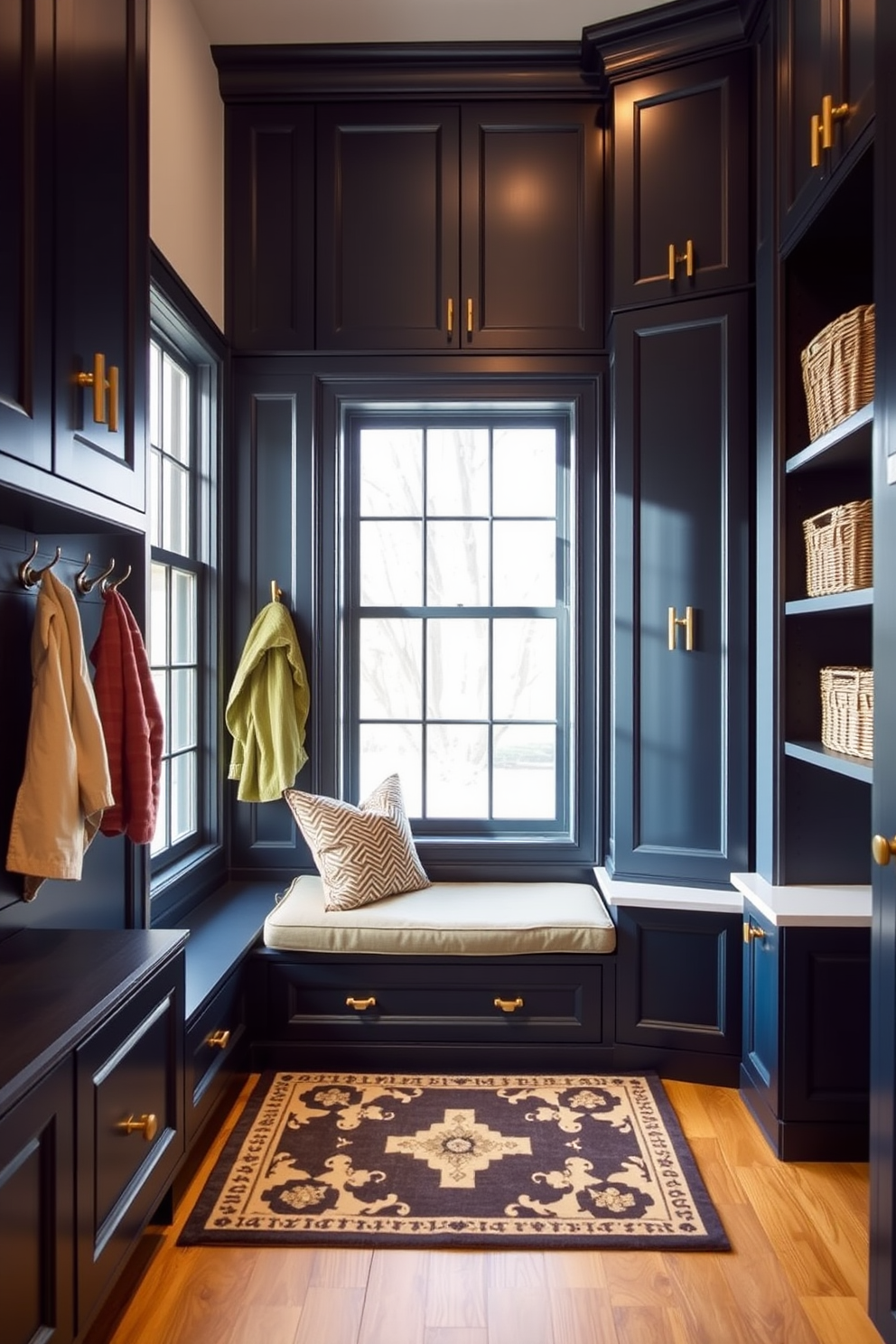 Elegant navy cabinetry with gold fixtures creates a striking focal point in the mudroom. The space features a built-in bench with plush cushions and hooks for hanging coats, complemented by a stylish area rug. Natural light floods in through a large window, illuminating the rich tones of the cabinetry. Decorative baskets are neatly arranged on shelves, adding both functionality and charm to the design.