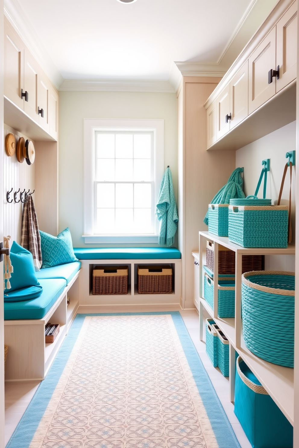 A welcoming mudroom featuring a neutral color palette complemented by vibrant turquoise accents. The space includes a built-in bench with turquoise cushions, a set of hooks for coats, and a large area rug that ties the colors together. Natural light floods the room through a large window, illuminating the light wood cabinetry and neutral walls. Decorative baskets in varying shades of turquoise are neatly arranged for storage, adding both functionality and style.