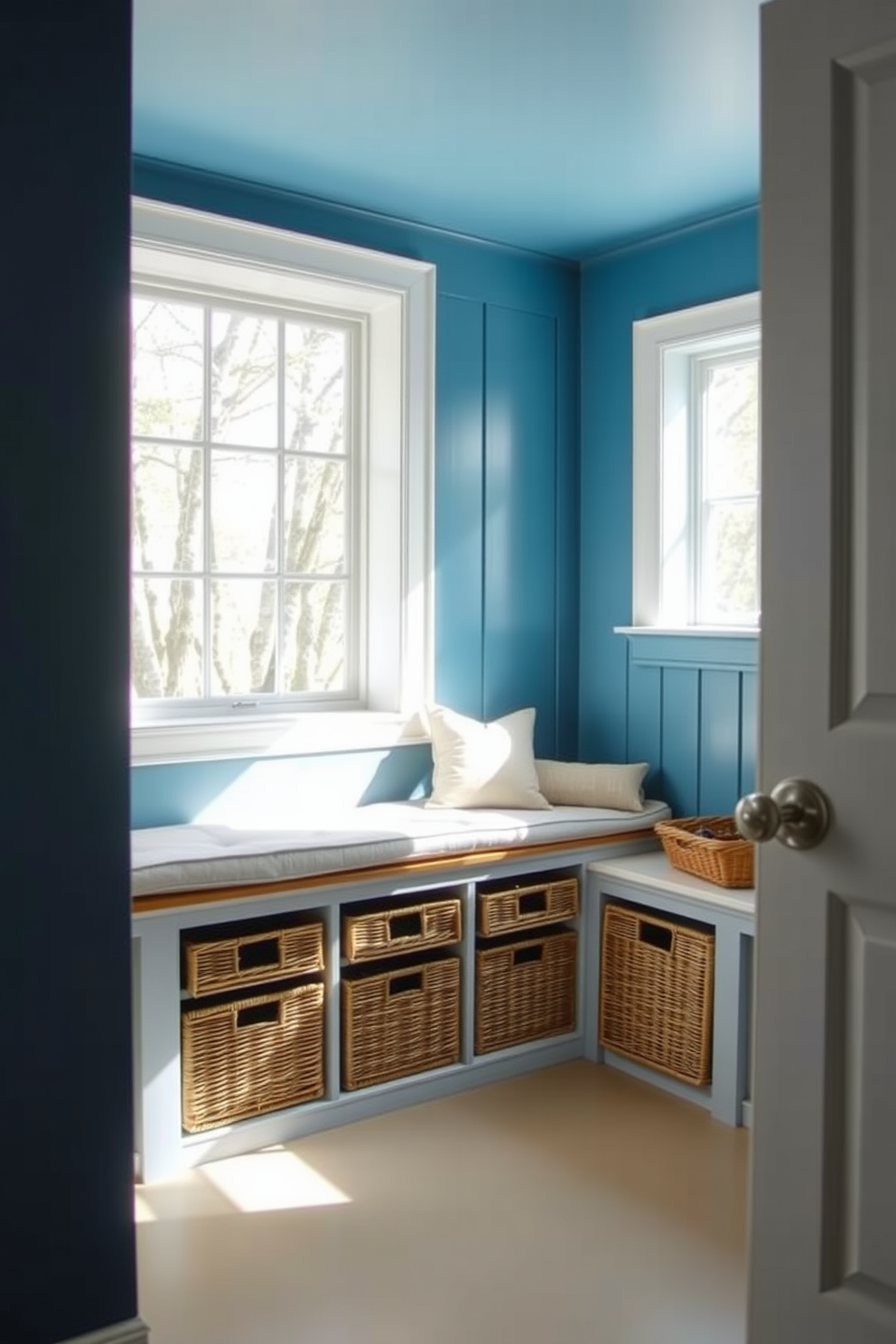 Ocean blue mudroom with wicker baskets. The walls are painted a deep ocean blue, creating a calming atmosphere. Natural light floods in through a large window, showcasing a built-in bench with soft cushions. Wicker baskets are neatly arranged underneath the bench for storage, adding a touch of texture.