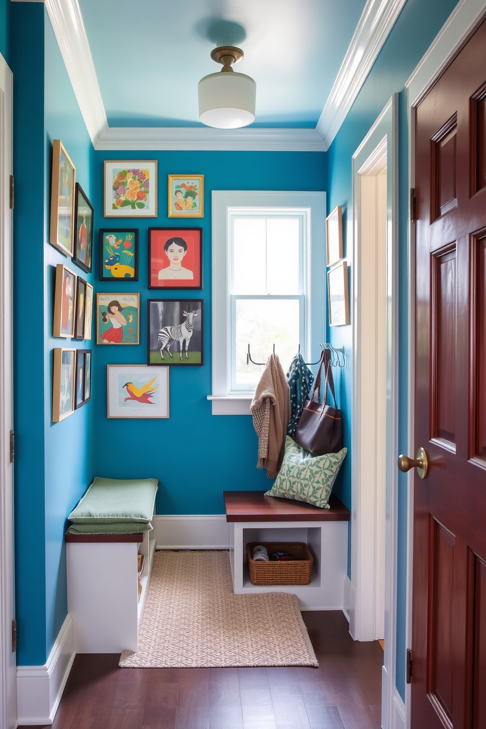 A serene mudroom featuring cerulean blue walls adorned with a collection of vibrant art prints. The space includes a built-in bench with storage underneath and hooks for hanging coats, creating an inviting and functional entryway.