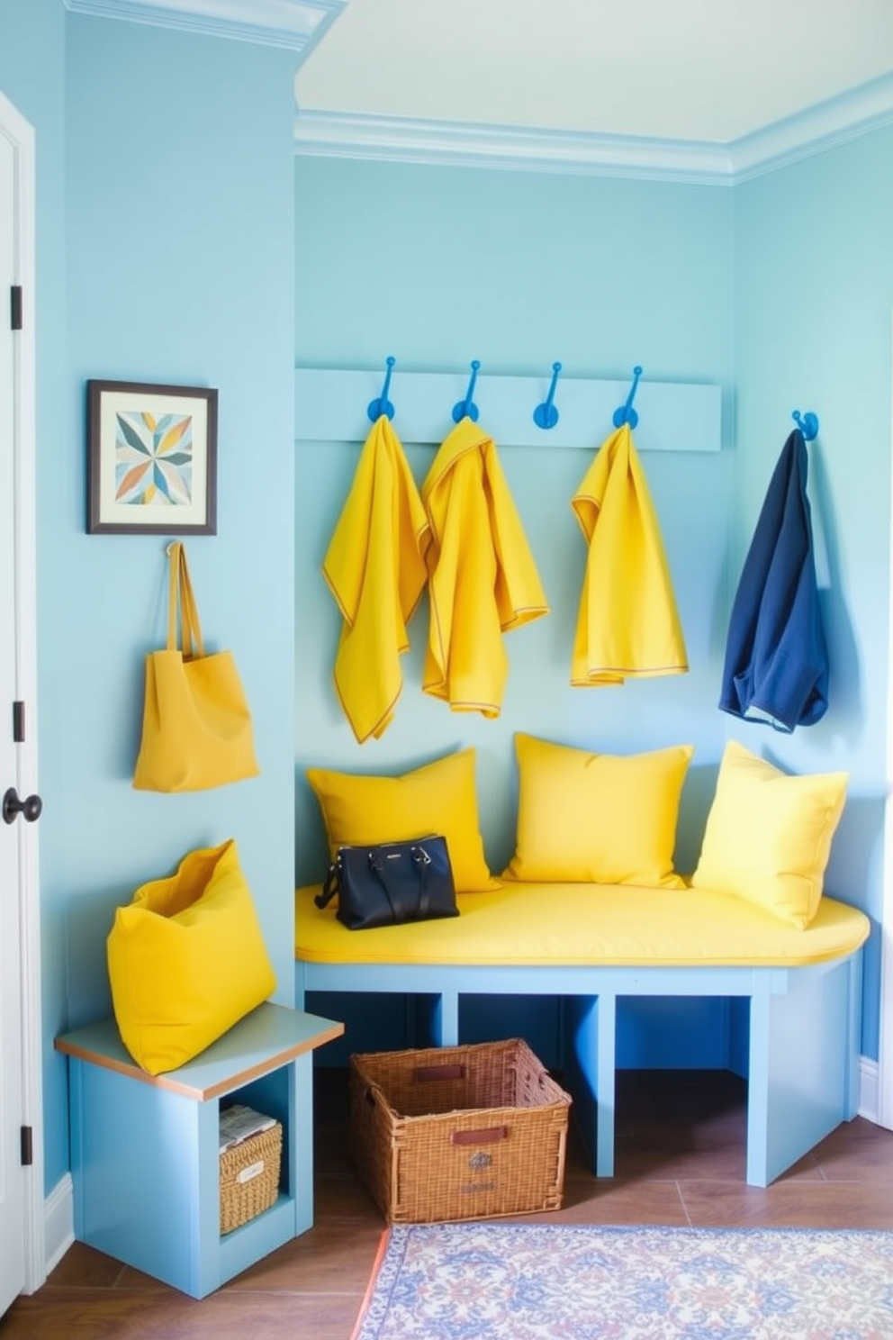 A cheerful mudroom featuring a blue and yellow color scheme. The walls are painted a soft blue, complemented by yellow accents in the decor and furnishings. A spacious bench with yellow cushions sits against the wall, providing a cozy seating area. Bright blue hooks are mounted above for hanging jackets and bags, while a patterned rug adds warmth to the floor.