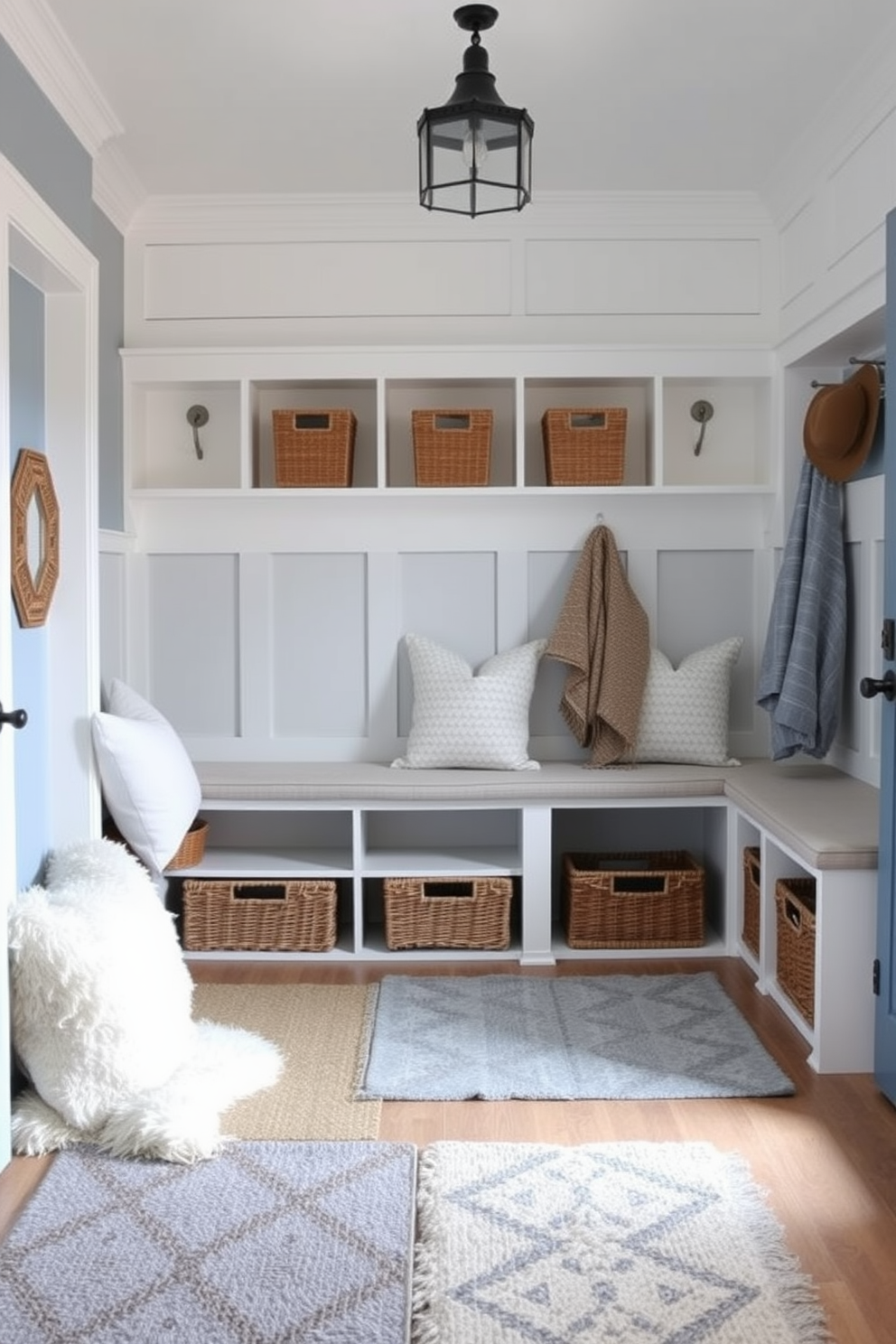 A serene mudroom featuring muted blue tones throughout the space. Cozy textiles such as plush rugs and soft throw pillows adorn the seating area, creating an inviting atmosphere. The walls are painted in a soft blue hue, complemented by white shiplap accents. Built-in storage benches with cushioned seats provide functionality and comfort, while woven baskets add texture and organization.