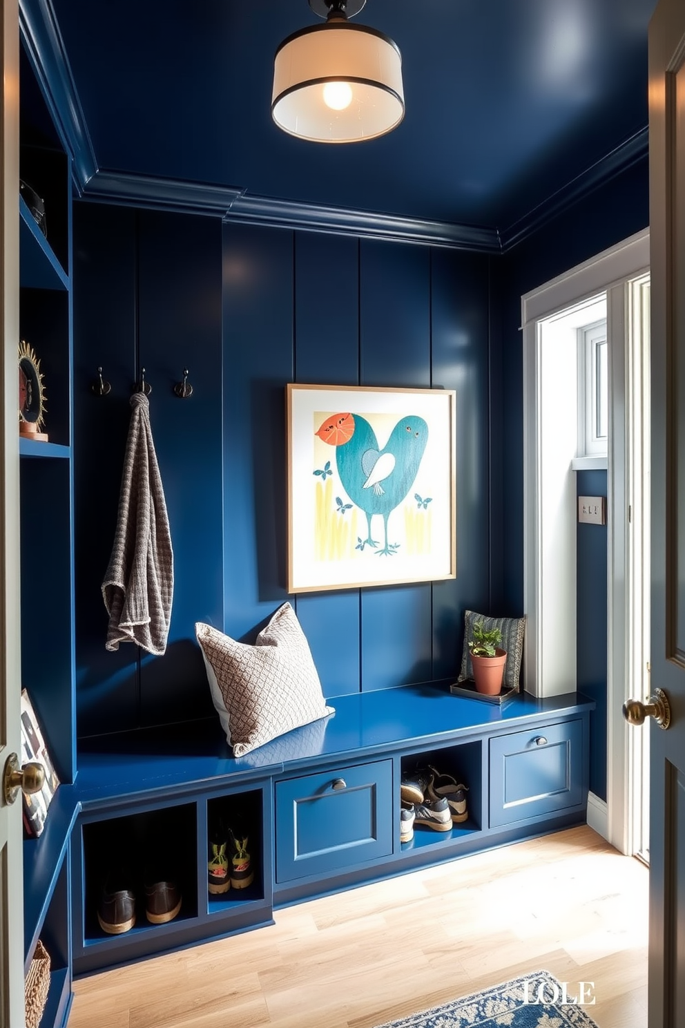 A cozy mudroom designed with deep navy walls that create a rich and inviting atmosphere. The space is illuminated by bright lighting fixtures that enhance the bold color while providing ample visibility. Functional storage solutions are integrated into the design, featuring built-in benches and cubbies for shoes and outdoor gear. Decorative elements, such as a stylish coat rack and vibrant artwork, add personality to the room.