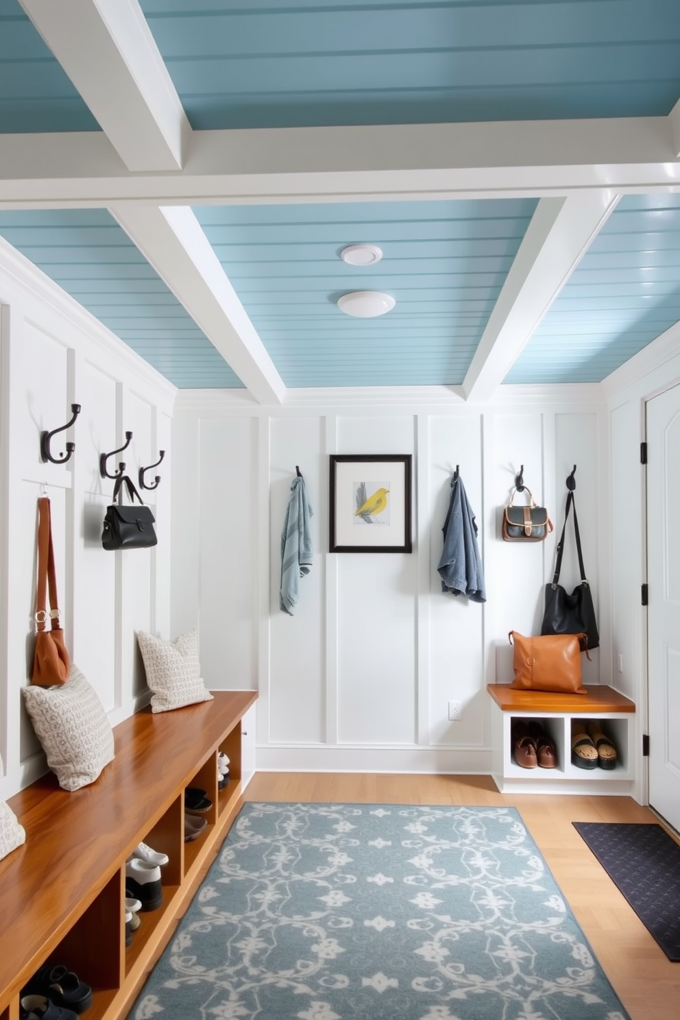 A serene mudroom featuring a sky blue ceiling adorned with white beams that create an airy atmosphere. The space includes built-in wooden benches with plush cushions and storage cubbies for shoes and outdoor gear. The walls are painted in a soft white to complement the ceiling, while decorative hooks provide a stylish solution for hanging coats and bags. A patterned rug in shades of blue adds warmth and ties the room together, creating a welcoming entryway.