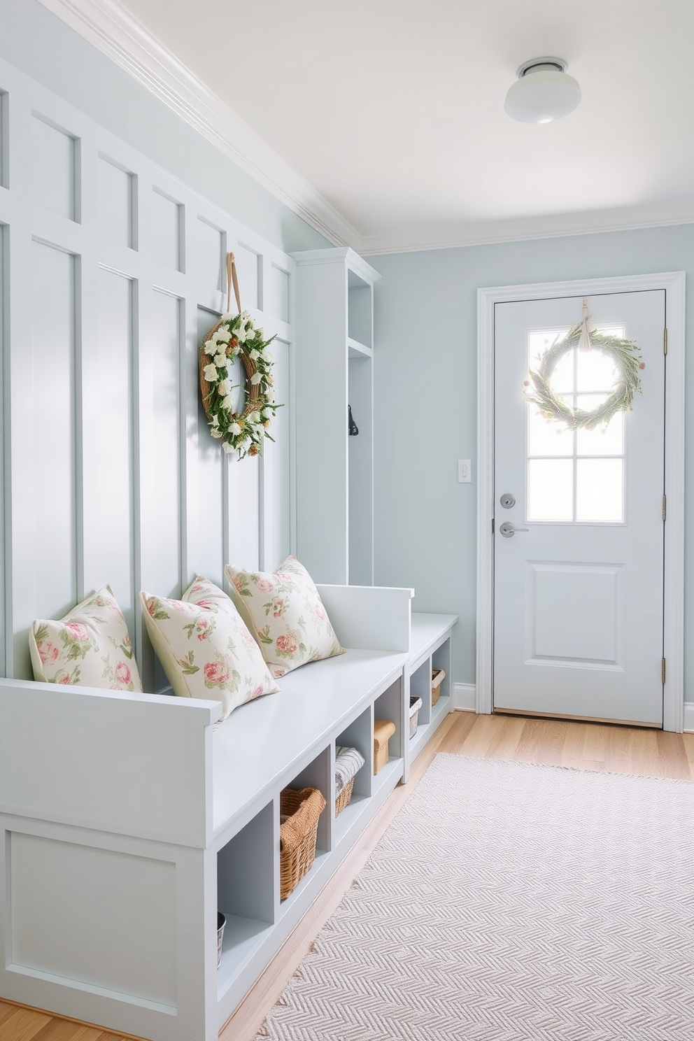 A pastel blue mudroom features a cozy bench with floral-patterned cushions and a wall of built-in storage cubbies. The floor is adorned with a soft, textured rug, and a decorative wreath made of dried flowers hangs on the door.