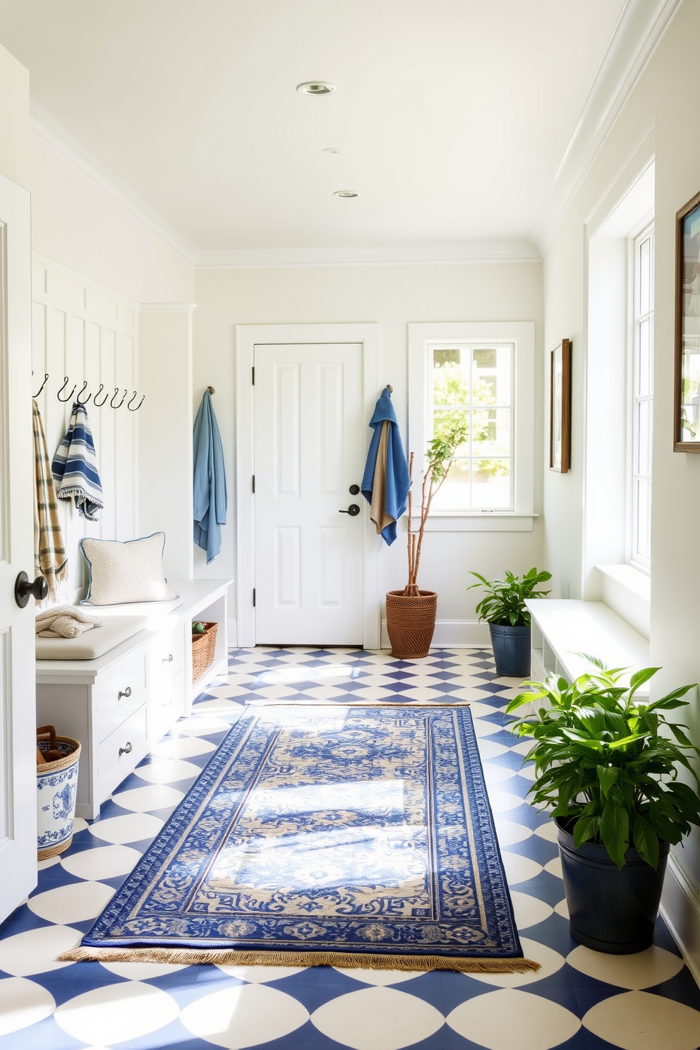 A classic blue and white tile flooring creates a timeless and elegant atmosphere in the mudroom. The space features built-in storage benches with plush cushions and hooks for hanging coats, all complemented by natural light streaming in from a nearby window. The walls are painted in a soft white, enhancing the brightness of the room. A decorative area rug in shades of blue adds warmth and texture, while potted plants bring a touch of nature indoors.