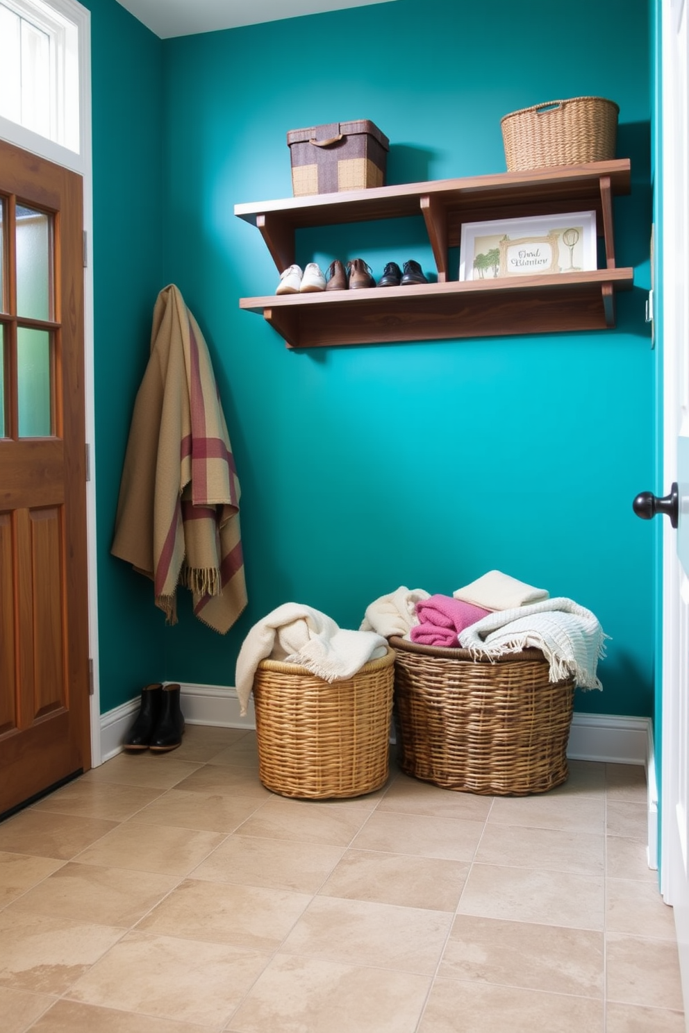 A cozy mudroom features a striking teal accent wall that adds a pop of color to the space. Rustic wooden shelves are mounted on the wall, providing functional storage for shoes and outdoor gear. The floor is adorned with durable tiles in a neutral tone, complementing the vibrant wall. A woven basket sits on the floor, filled with blankets for chilly days, enhancing the inviting atmosphere.