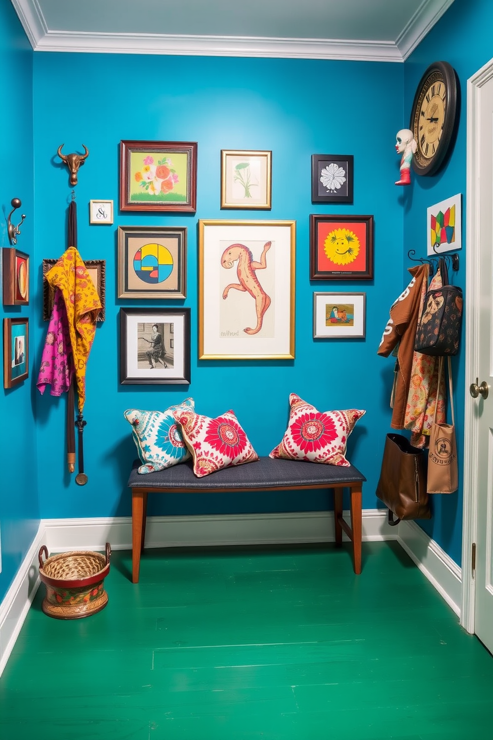 Bright azure walls create a vibrant backdrop for an eclectic mudroom filled with colorful artwork. A stylish bench with patterned cushions sits against the wall, complemented by a collection of unique hooks for hanging coats and bags.