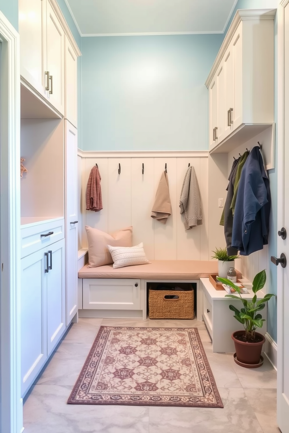 A serene mudroom featuring a light blue accent wall paired with beige cabinetry. The space includes a built-in bench with soft beige cushions and hooks for hanging coats, creating an inviting atmosphere. The floor is adorned with light gray tiles that complement the color palette. A decorative area rug in muted patterns adds warmth, while potted plants bring a touch of nature indoors.