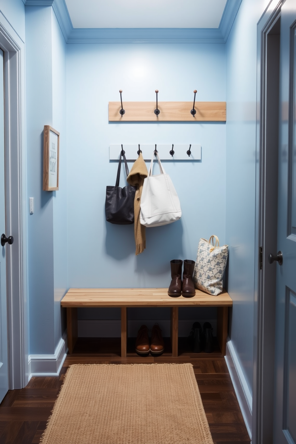 A serene mudroom setting with sky blue walls that create a calming atmosphere. A natural wood bench is positioned against the wall, providing a cozy spot for putting on shoes. The floor is adorned with a textured rug that complements the blue tones. Hooks for hanging coats and bags are mounted above the bench, adding functionality to the design.