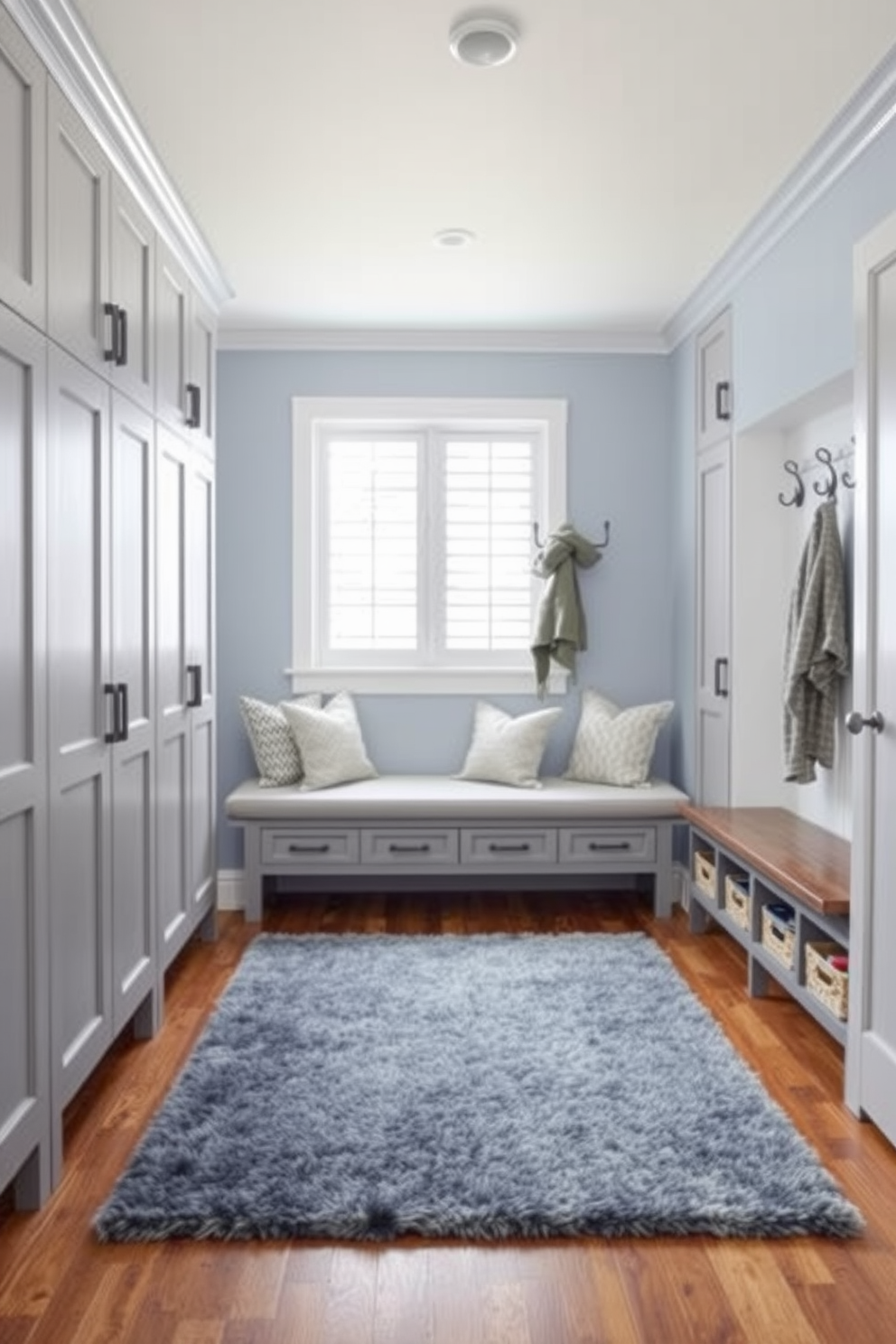 A serene mudroom featuring a soft blue and gray color palette. The walls are painted in a gentle blue hue, complemented by gray cabinetry that provides ample storage. A large, plush area rug in shades of blue and gray anchors the space, adding warmth and comfort. Decorative hooks line the walls, showcasing stylish coats and accessories, while a bench with soft cushions invites relaxation.