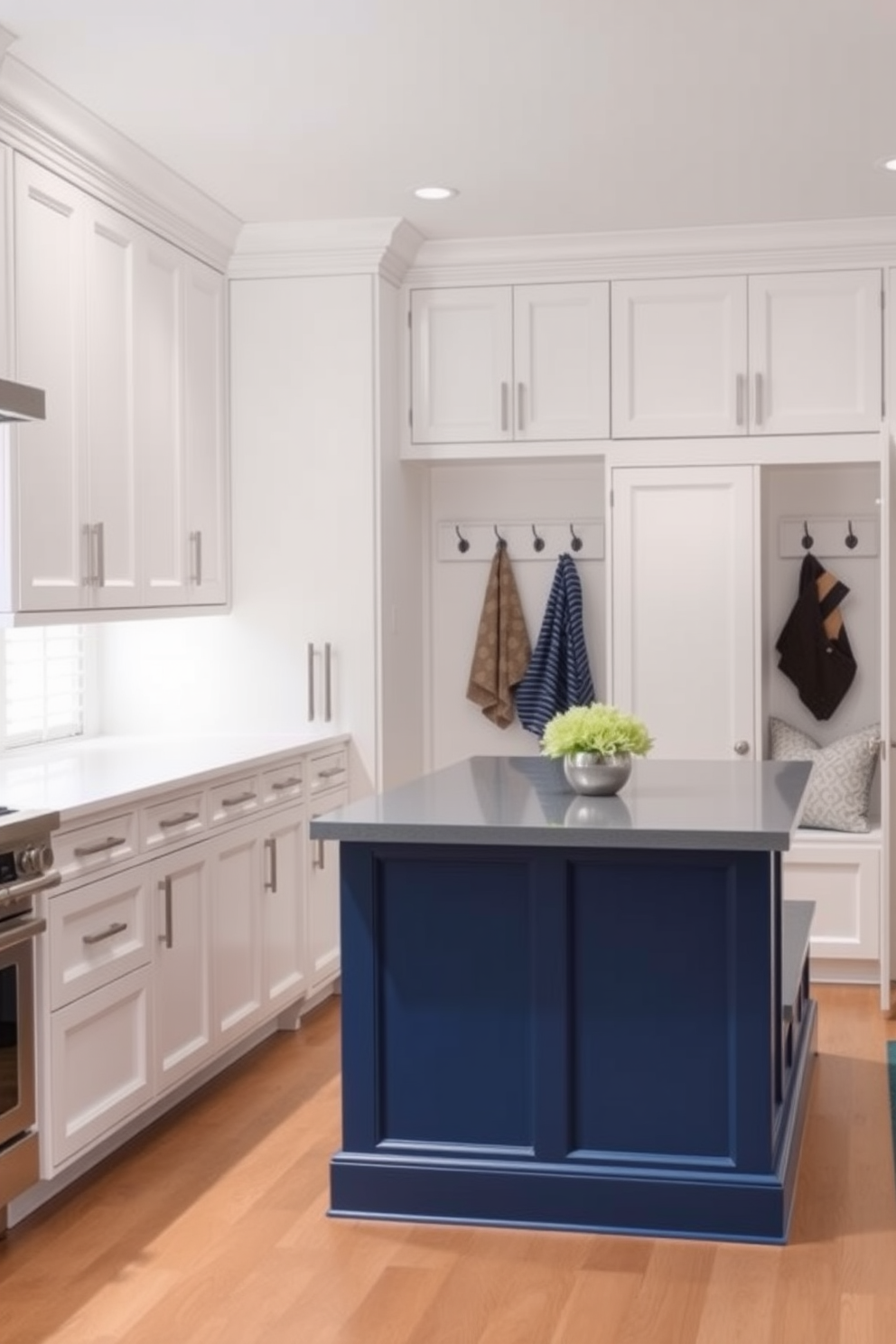 Classic white cabinetry with a blue island creates a timeless kitchen aesthetic. The cabinetry features sleek hardware and ample storage, while the island serves as a focal point with its deep blue hue and elegant countertop. The mudroom design incorporates functional storage solutions with built-in benches and hooks. Soft blue accents complement the white cabinetry, creating a welcoming and organized space for coats and shoes.