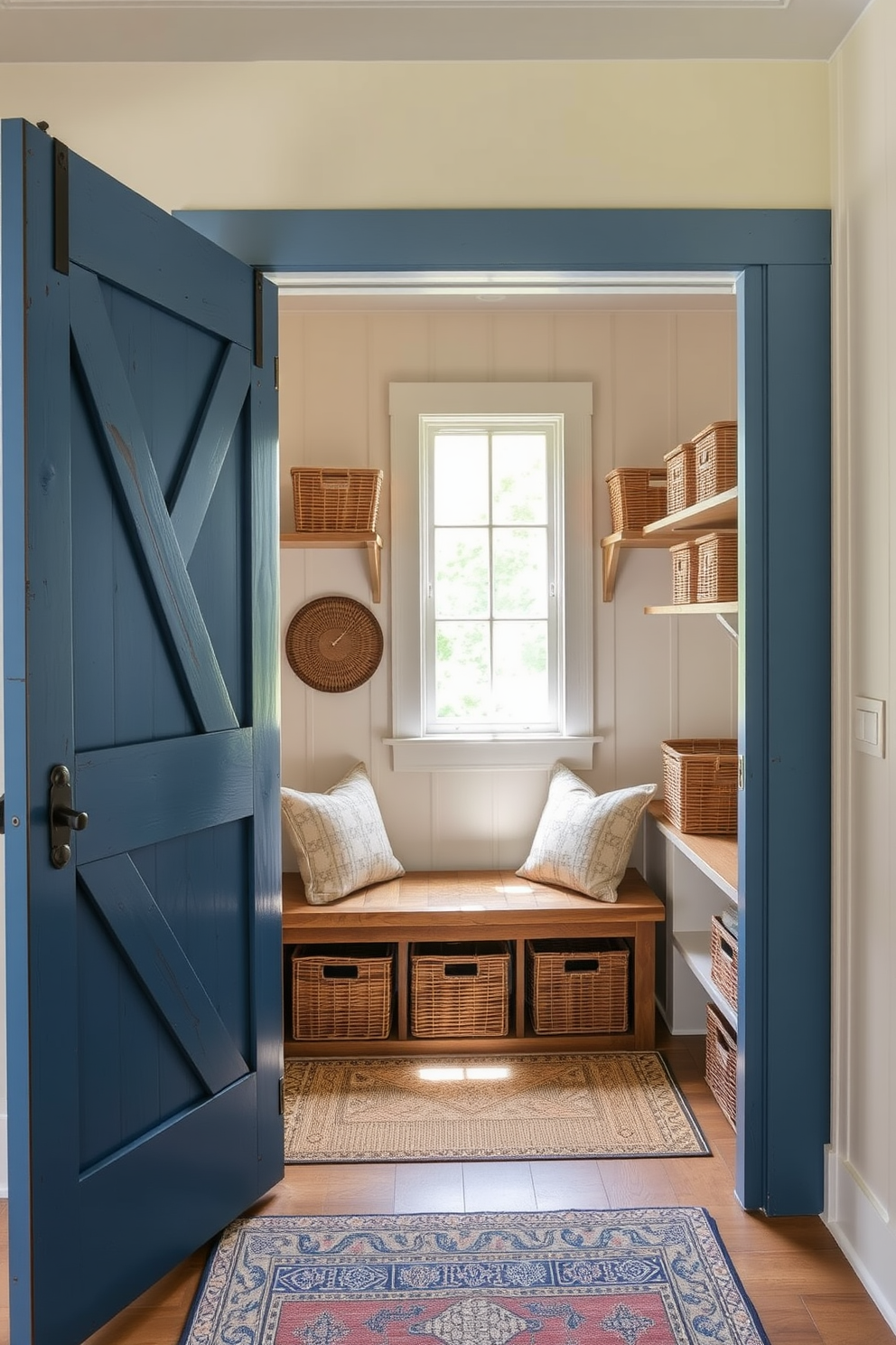 A rustic blue barn door swings open to reveal a welcoming mudroom filled with natural light. The space features a wooden bench with cozy cushions and open shelving adorned with woven baskets for storage. The walls are painted in a soft cream color, enhancing the warmth of the wooden accents. A patterned rug lies on the floor, adding texture and comfort to the inviting atmosphere.