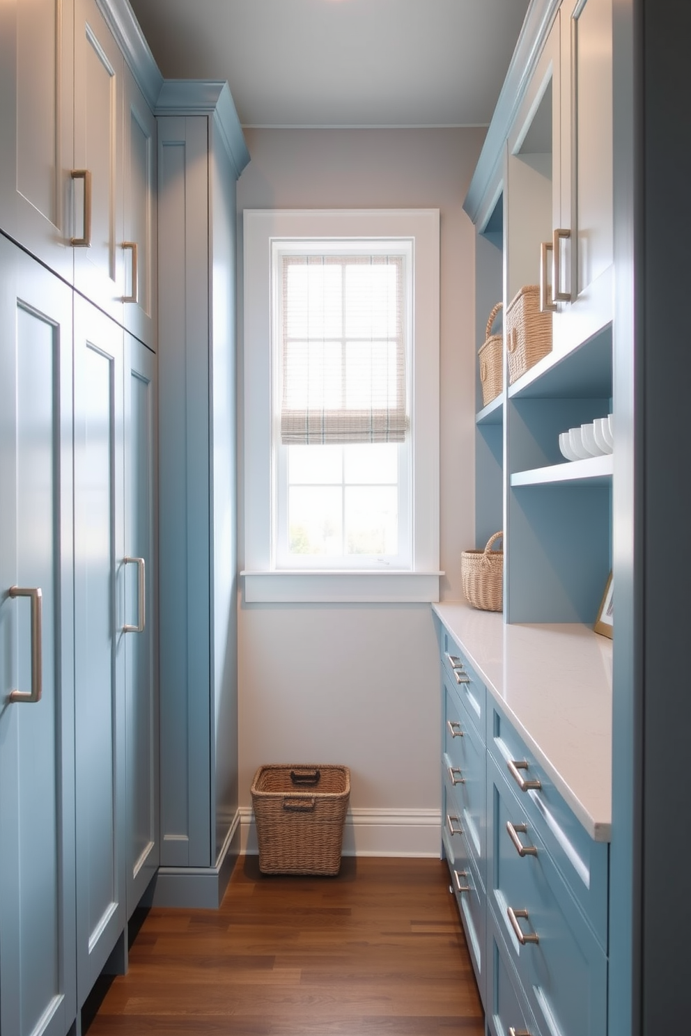 Coastal blue cabinetry creates a serene and inviting atmosphere reminiscent of the ocean. The cabinetry features sleek lines and brushed nickel hardware, enhancing the beachy aesthetic. The pantry design incorporates open shelving for easy access to essentials and decorative storage baskets. Natural light floods the space through a nearby window, illuminating the soft blue tones and creating a fresh coastal feel.