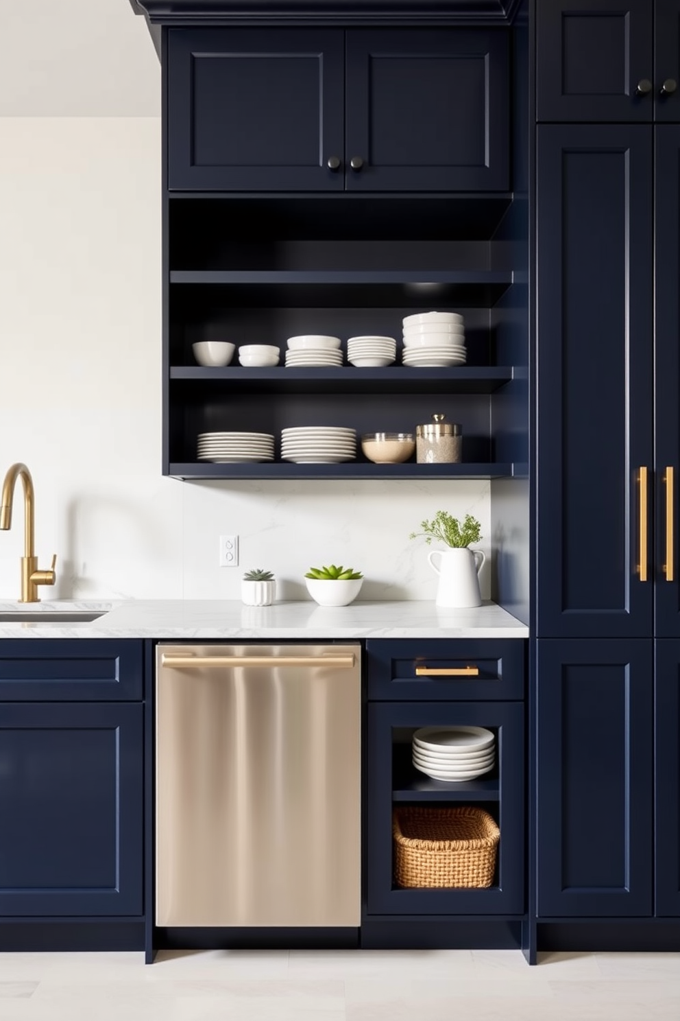 Lacquered navy cabinets create a striking modern finish that adds depth and sophistication to any kitchen space. The rich color contrasts beautifully with lighter elements, making your pantry a focal point of the home. Incorporating open shelving within the navy cabinetry allows for stylish display of dishware and pantry essentials. Pairing these cabinets with gold or brass hardware enhances the contemporary feel while adding a touch of elegance.